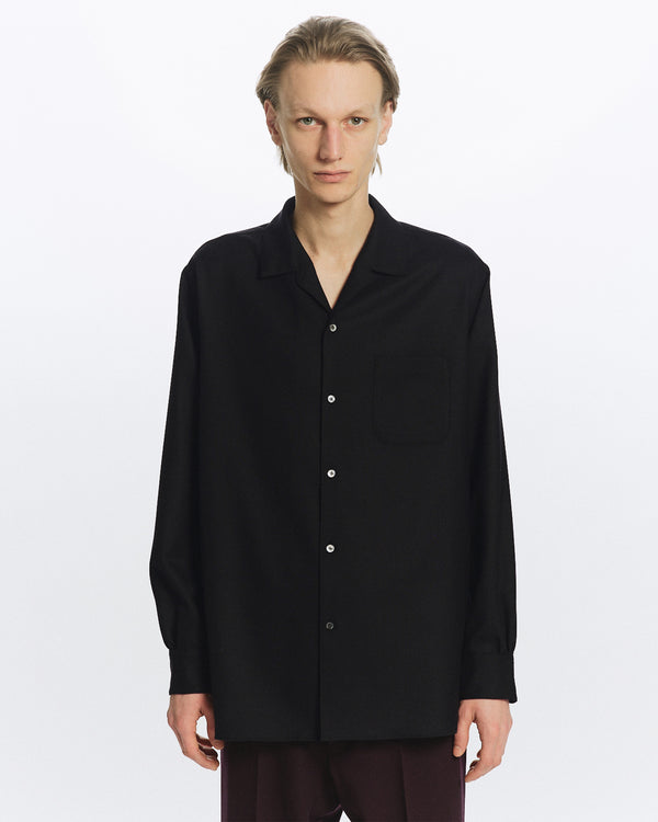 2/80 ORGANIC WOOL VIYELLA ITALIAN OPEN COLLAR SHIRT, Black