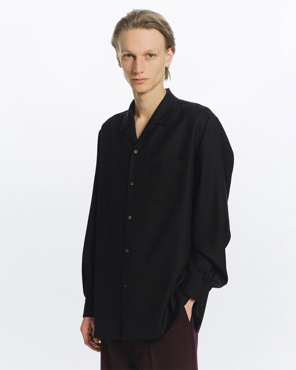 2/80 ORGANIC WOOL VIYELLA ITALIAN OPEN COLLAR SHIRT, Black