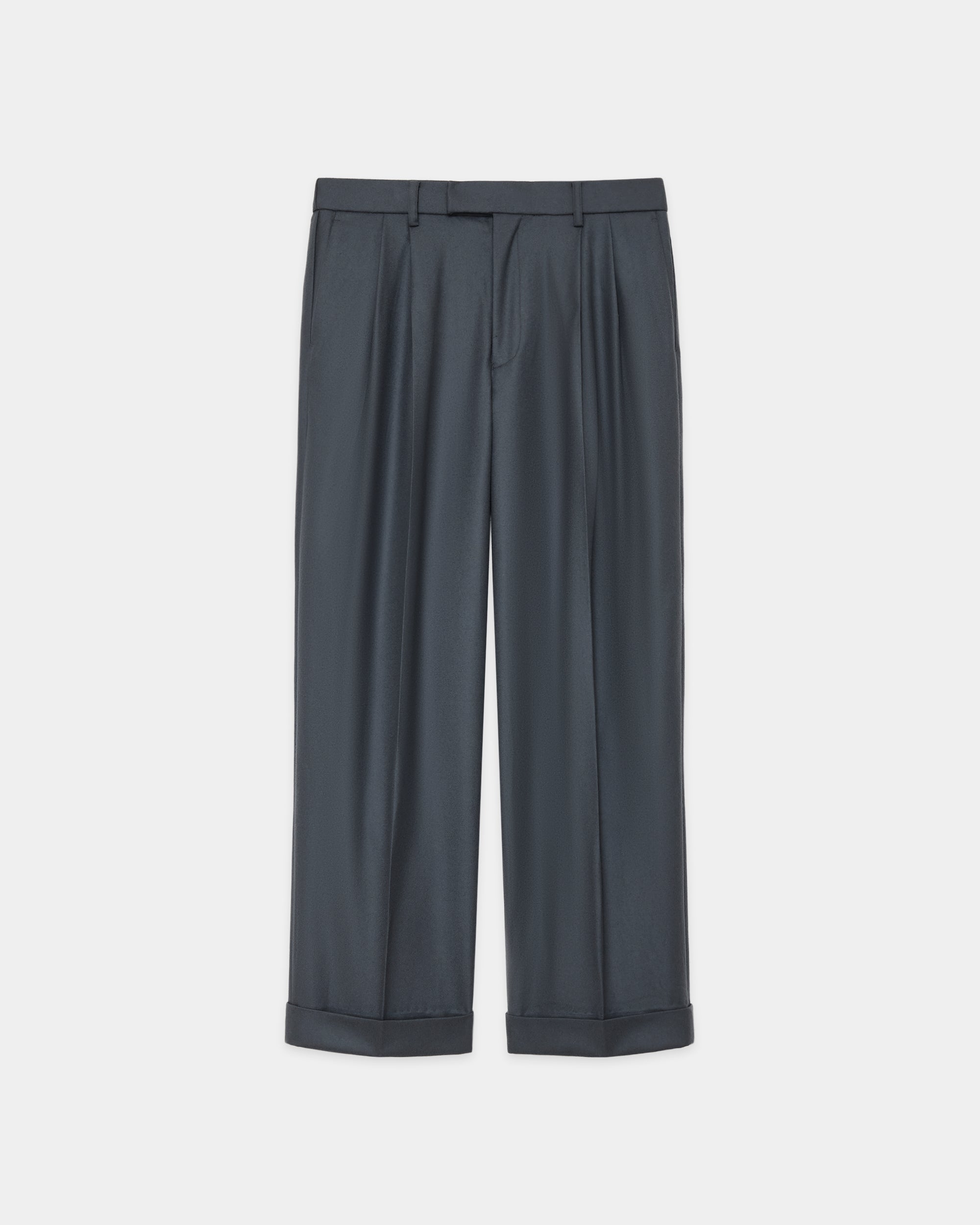 2/80 ORGANIC WOOL FLANNEL DOUBLE PLEATED WIDE TROUSERS, Forest Gray