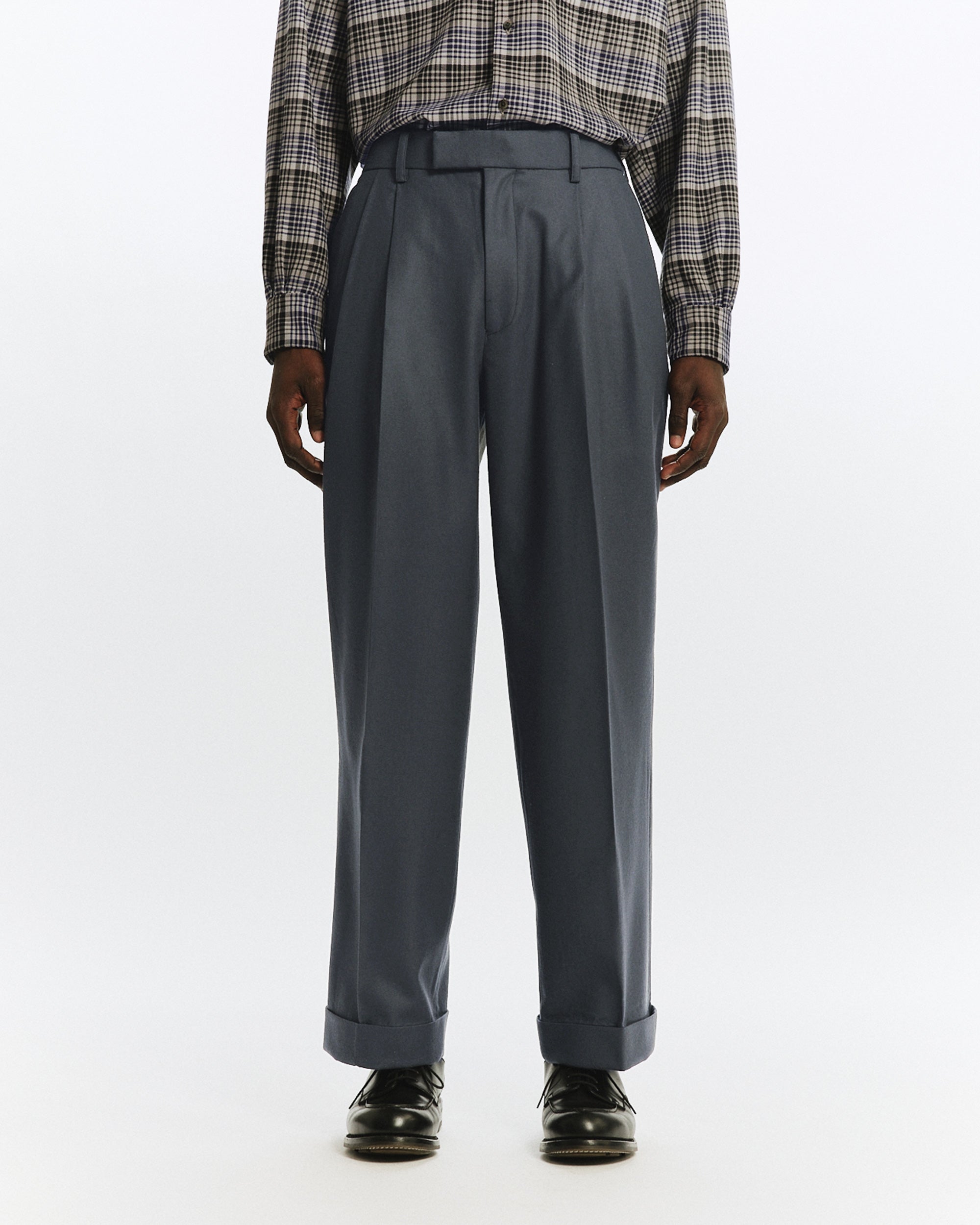 2/80 ORGANIC WOOL FLANNEL DOUBLE PLEATED WIDE TROUSERS, Forest Gray
