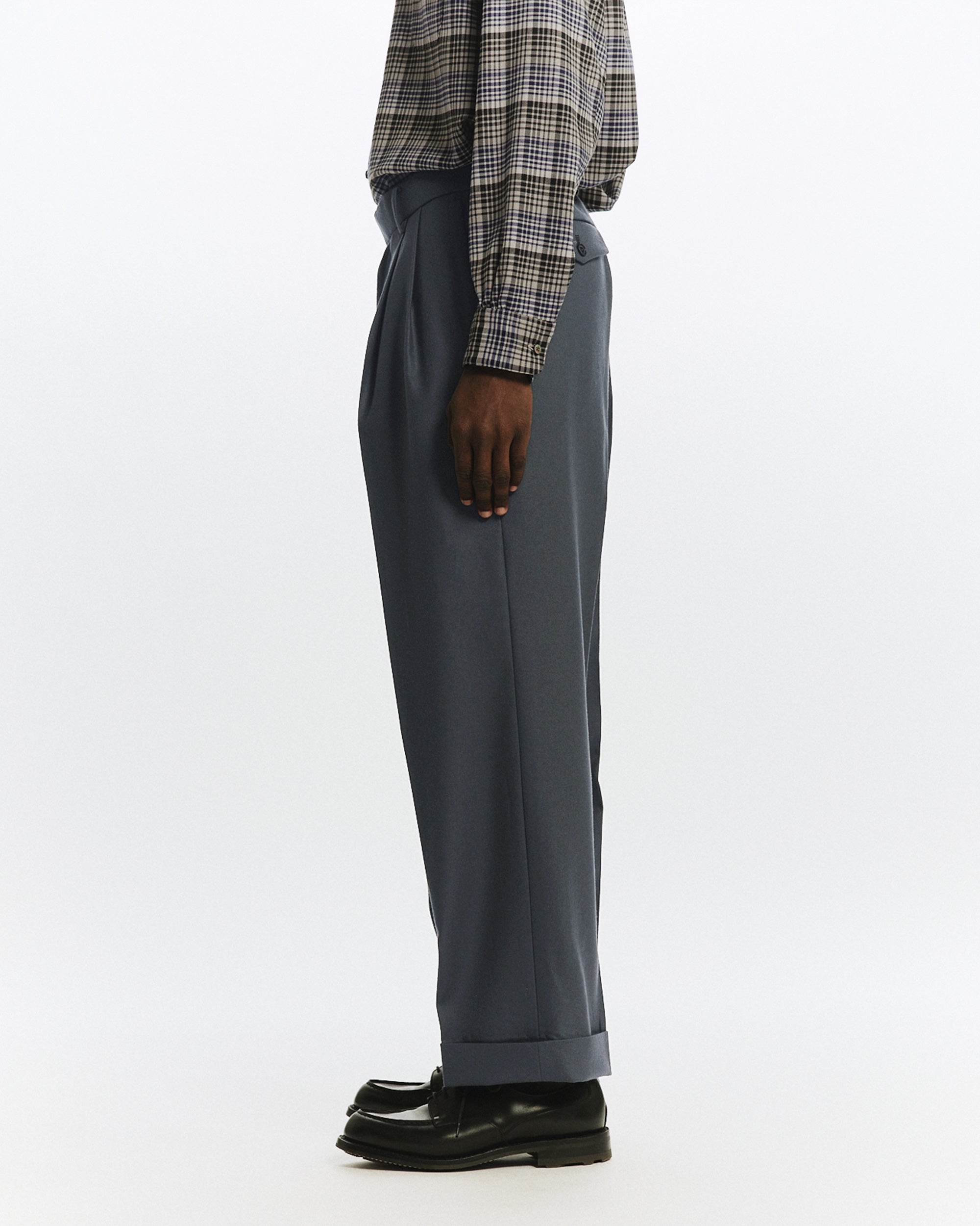 2/80 ORGANIC WOOL FLANNEL DOUBLE PLEATED WIDE TROUSERS, Forest Gray