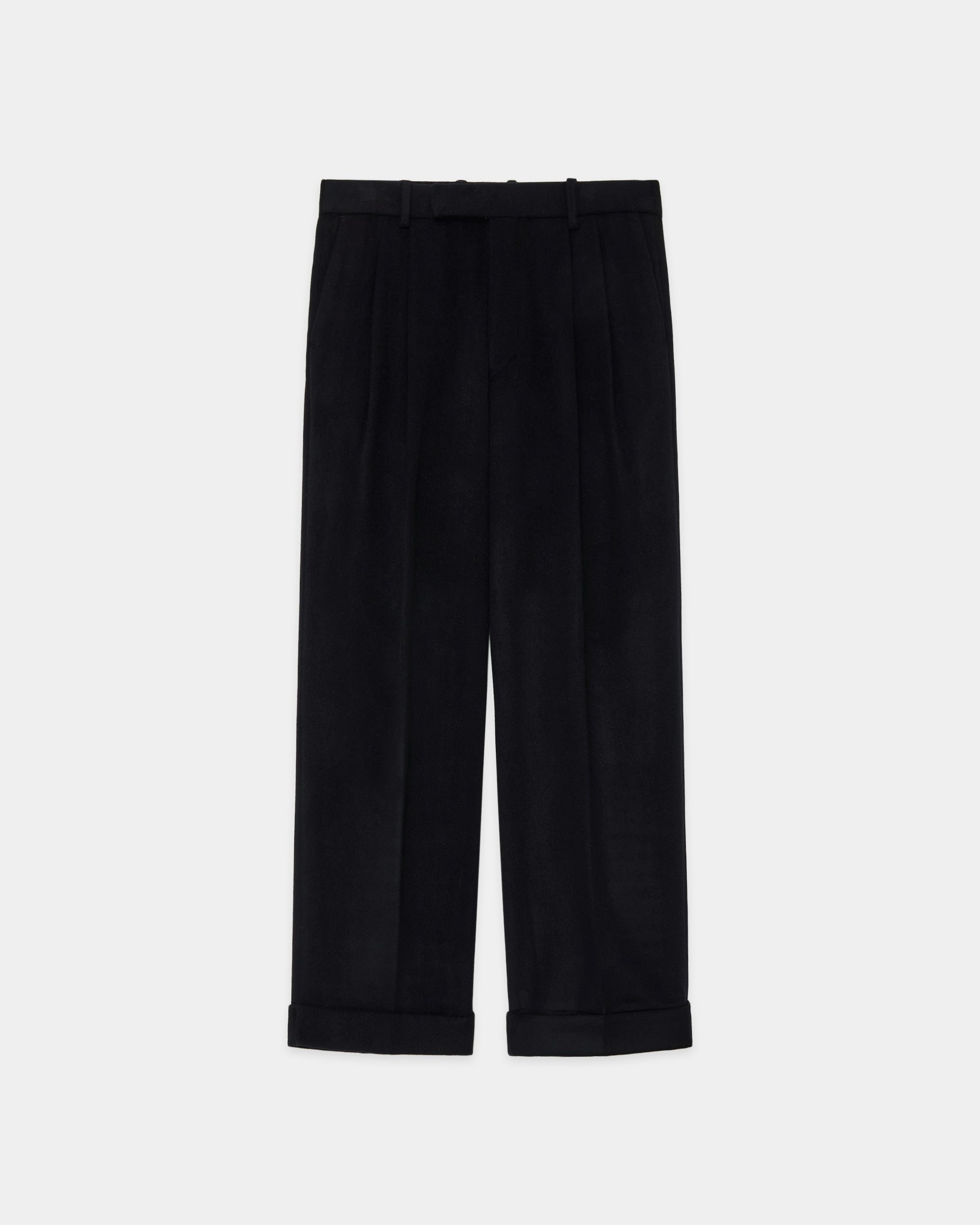CASHMERE FLANNEL PARKING DOUBLE PLEATED WIDE TROUSERS, Black