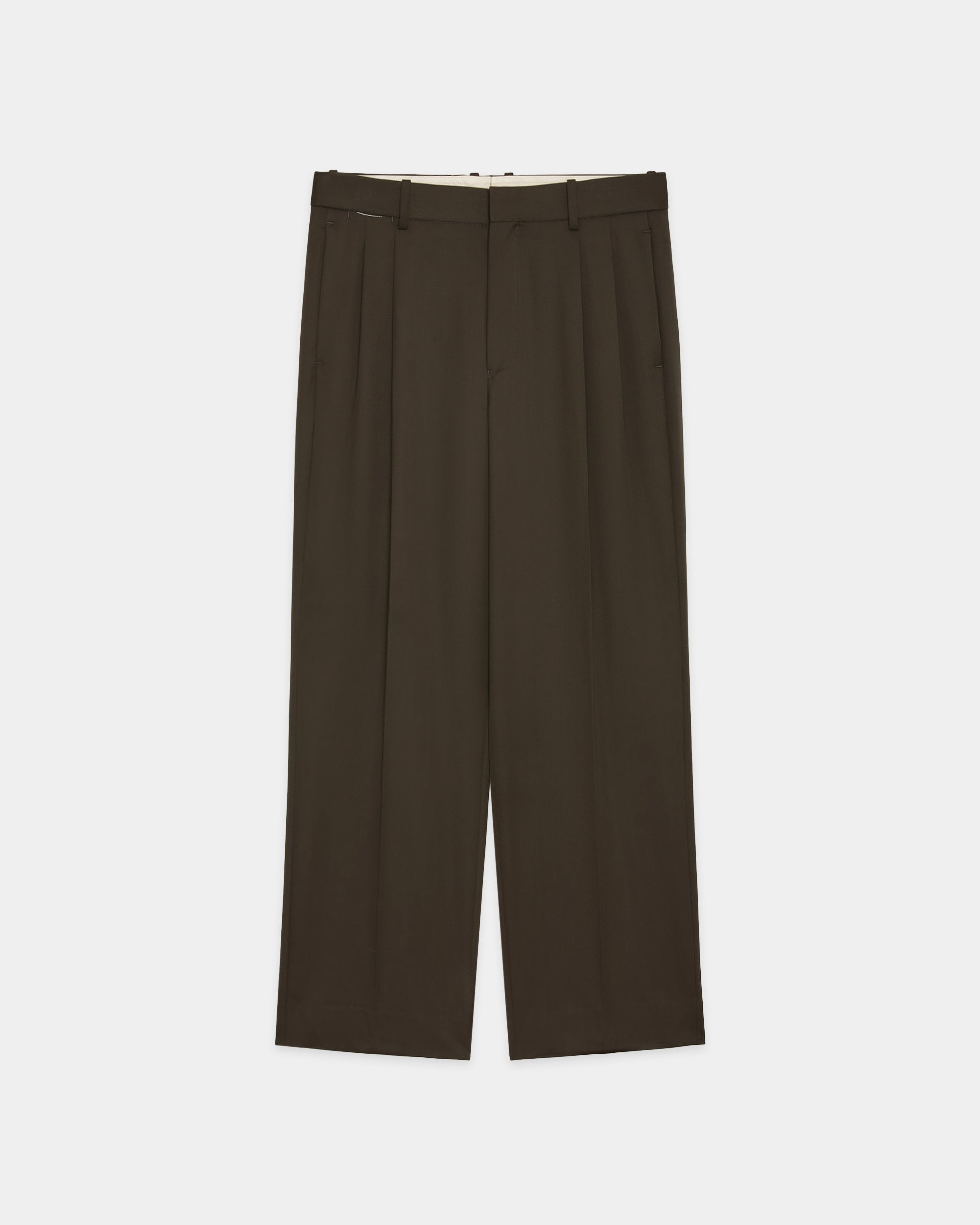 オーガニックウール 2/80 ギャバジン / ダブルプリーテッドストレートトラウザーズ, Dark Olive