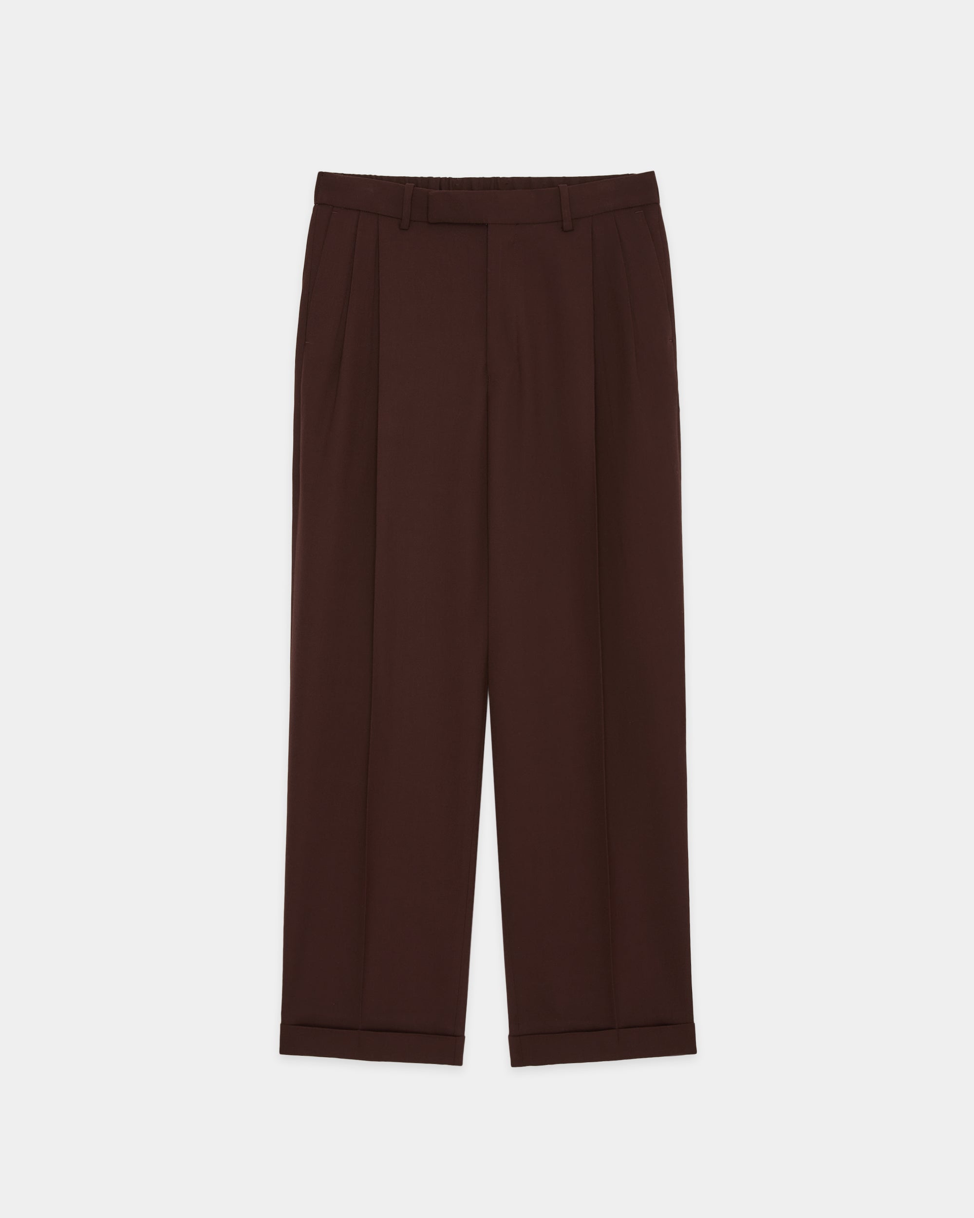 Organic Wool Survival Cloth / Double Pleated Semi Easy Trousers, Dark Brown