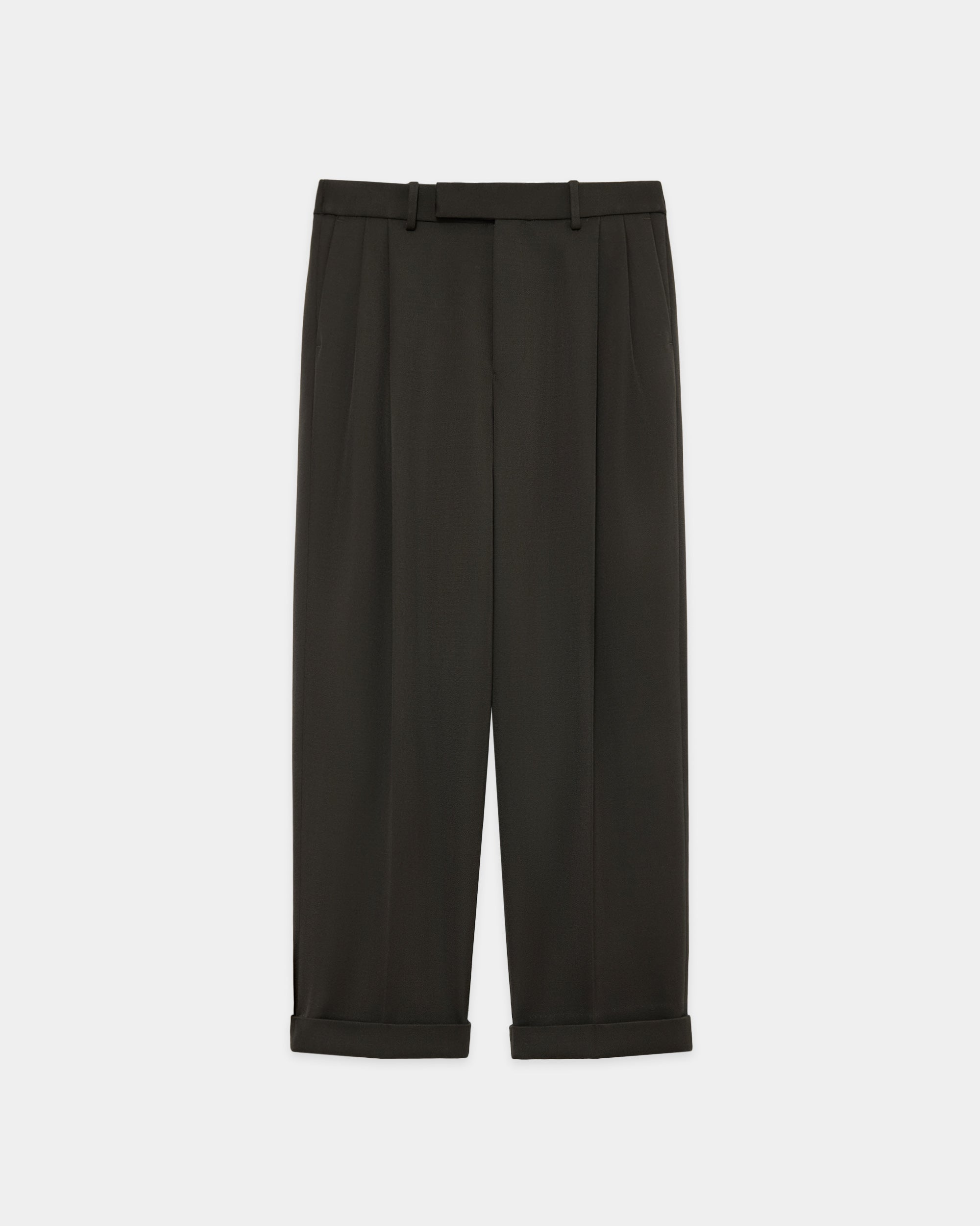 Polwarth Tuxedo Cloth / Double Pleated Semi Easy Trousers, Dark Olive
