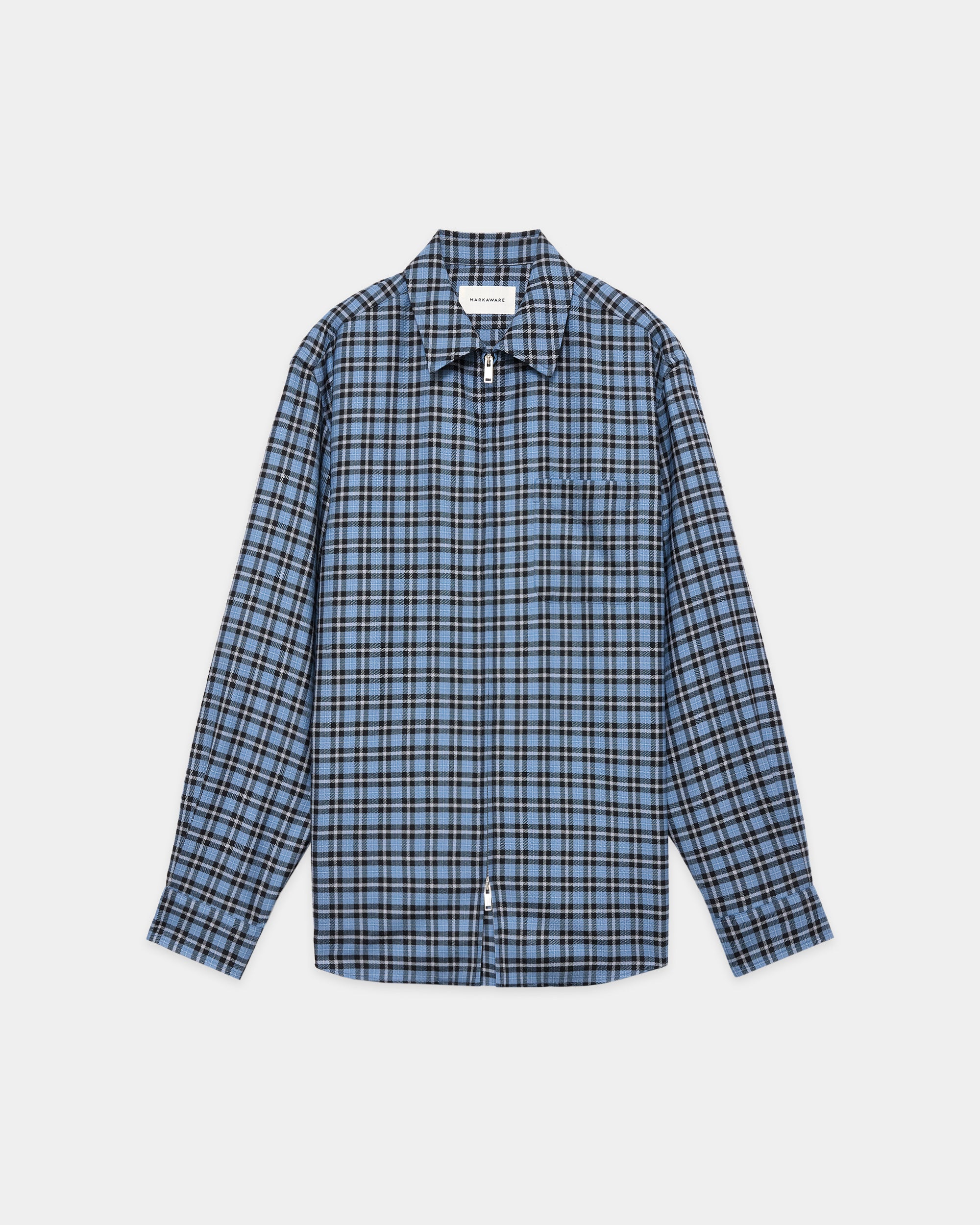Organic Wool Viyella / Zip Shirt, Blue Check