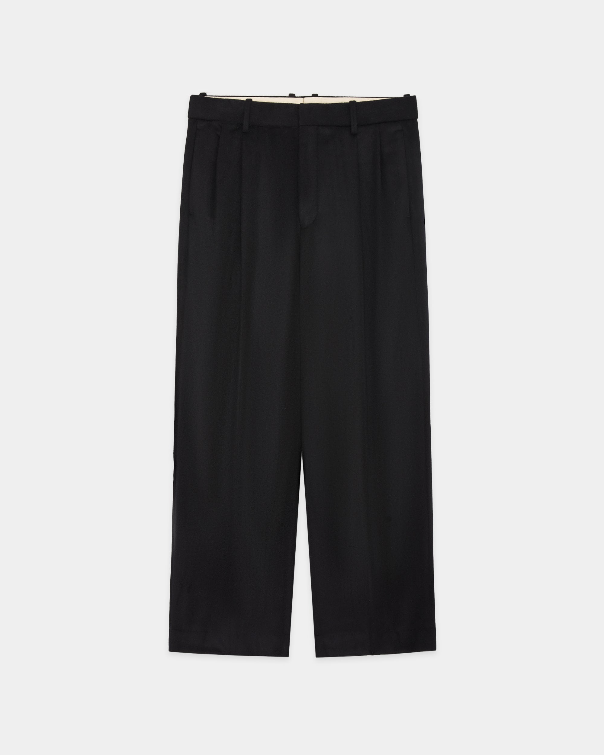 Cashmere Flannel / Double Pleated Straight Trousers, Black