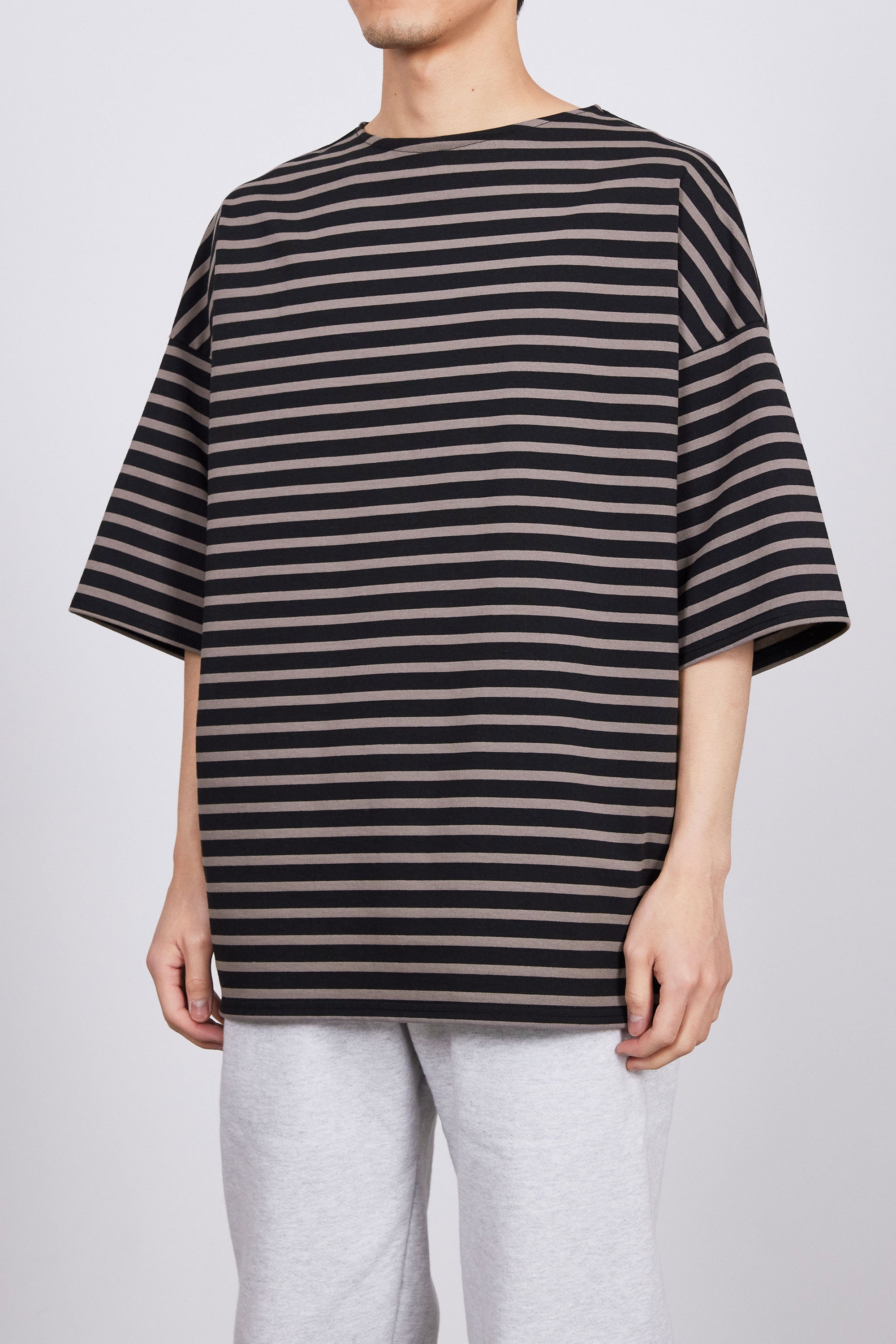 オーガニックコットン30/1引き揃えBD天竺ボーダー / バスクシャツ S/S, Black × Gray