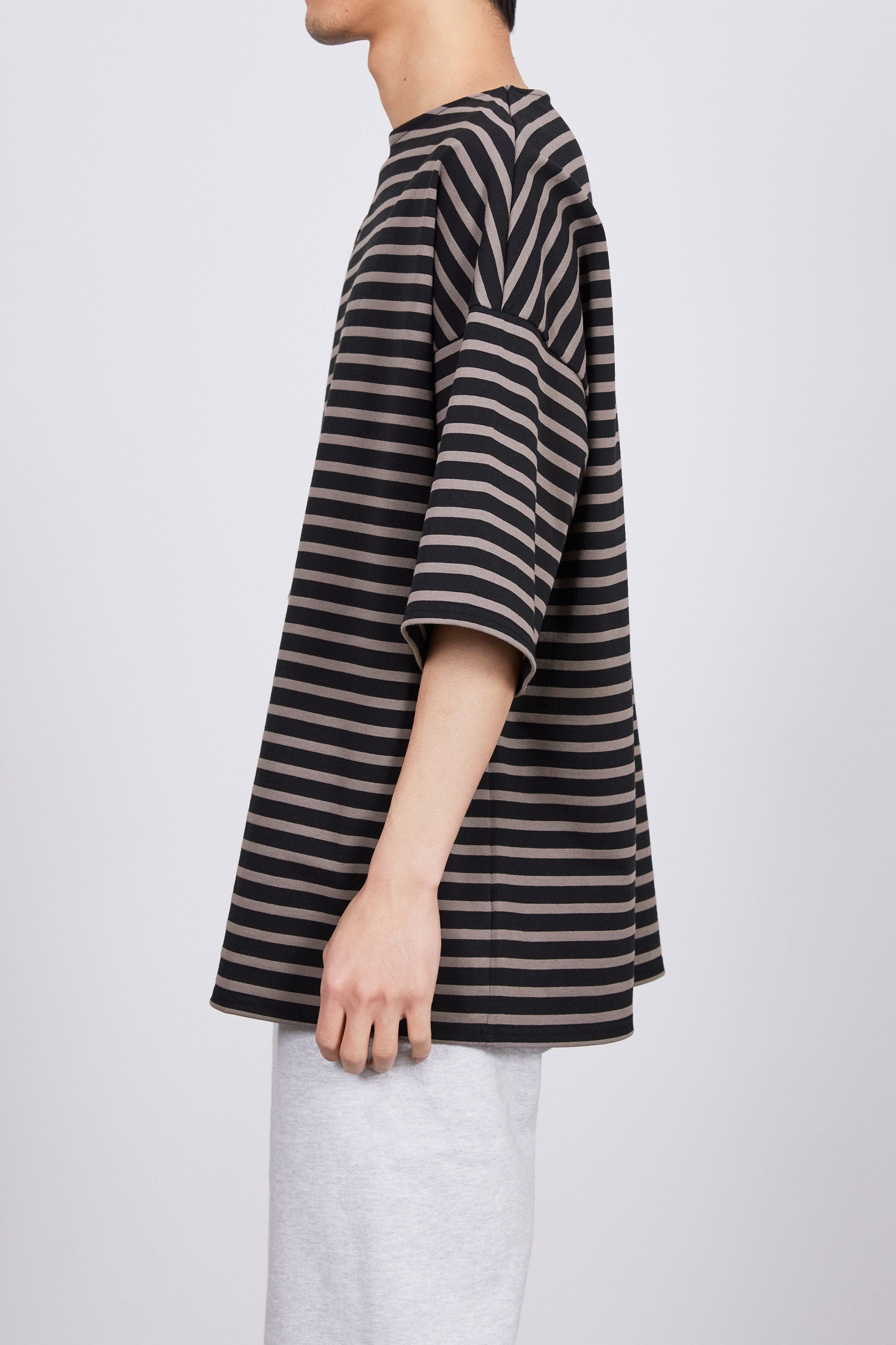 オーガニックコットン30/1引き揃えBD天竺ボーダー / バスクシャツ S/S, Black × Gray