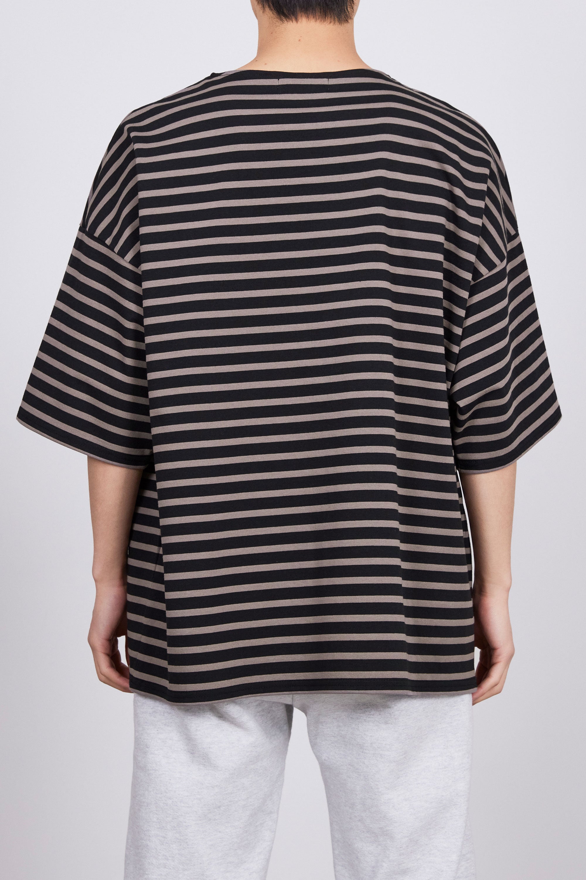 オーガニックコットン30/1引き揃えBD天竺ボーダー / バスクシャツ S/S, Black × Gray