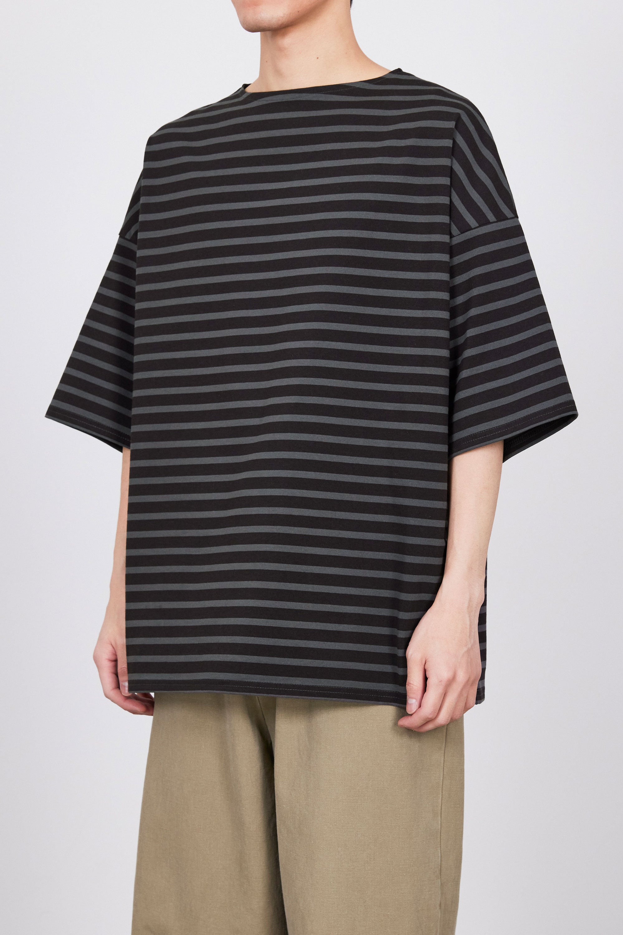 オーガニックコットン30/1引き揃えBD天竺ボーダー / バスクシャツ S/S, Brown × Charcoal