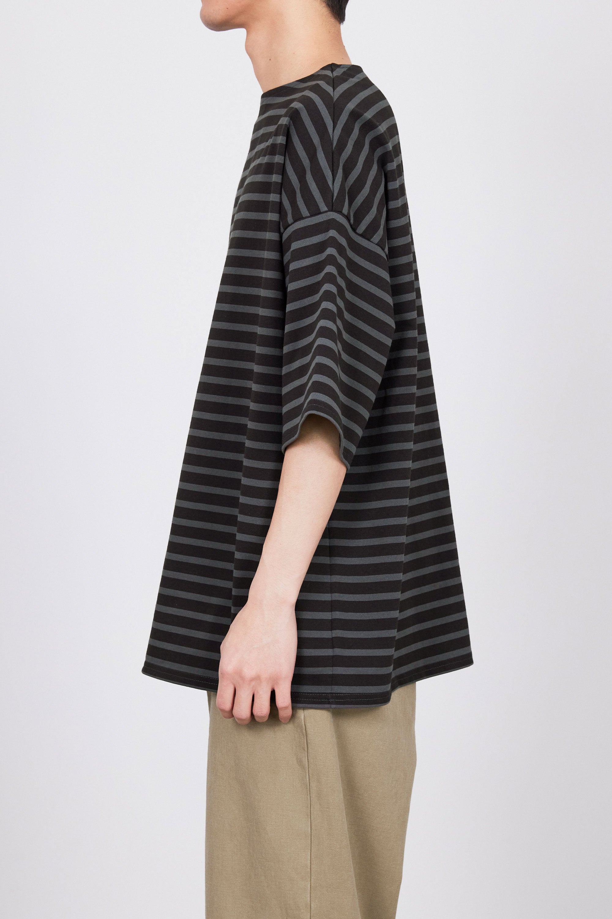オーガニックコットン30/1引き揃えBD天竺ボーダー / バスクシャツ S/S, Brown × Charcoal