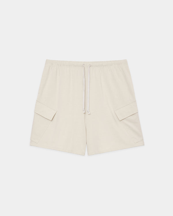 20//1 RECYCLE SUVIN ORGANIC COTTON KNIT CARGO SHORTS, Off White