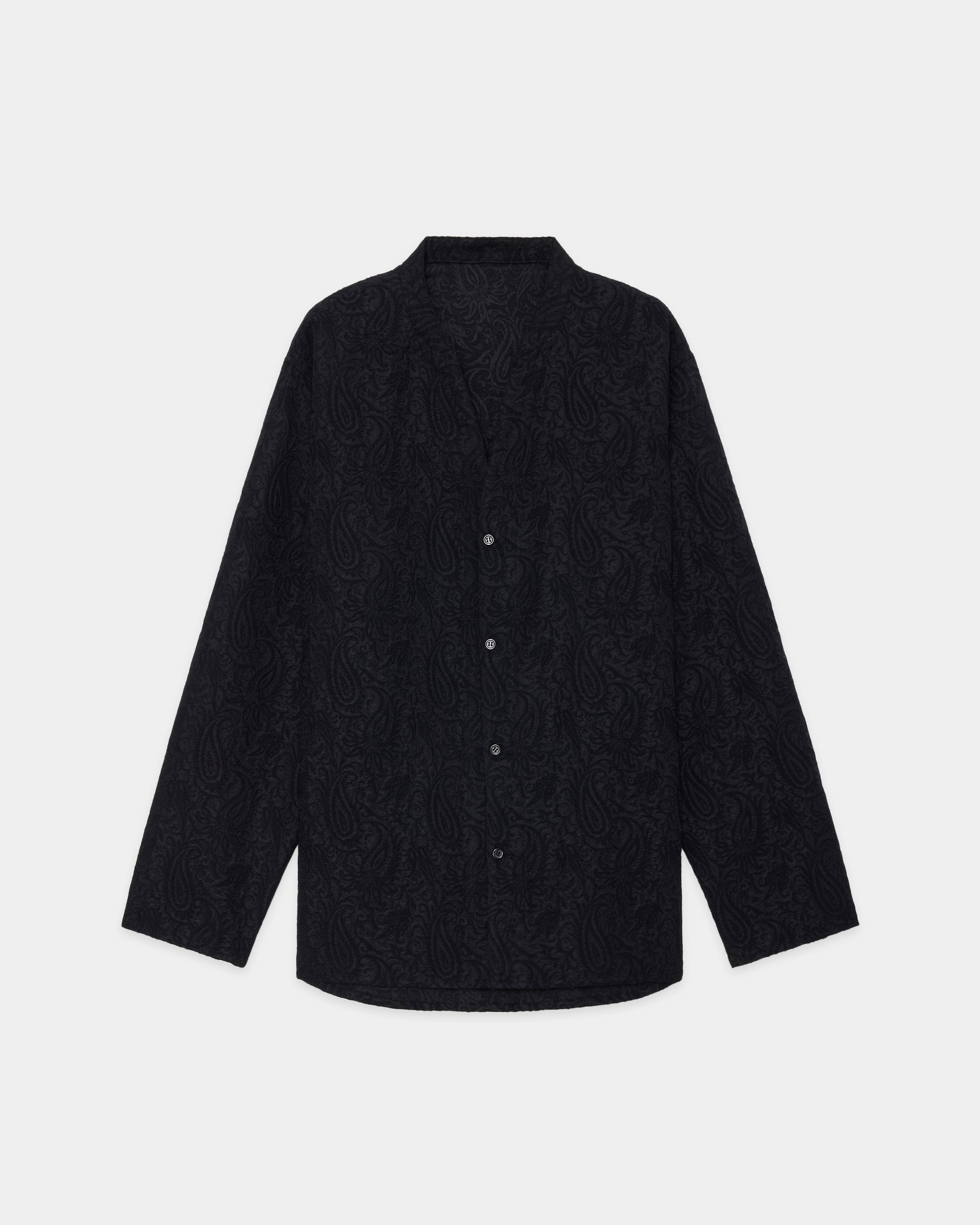 RECYCLED POLYESTER x RECYCLED WOOL PAISLEY JACQUARD BAND COLLAR SKIPPER SHIRT, Dark Navy