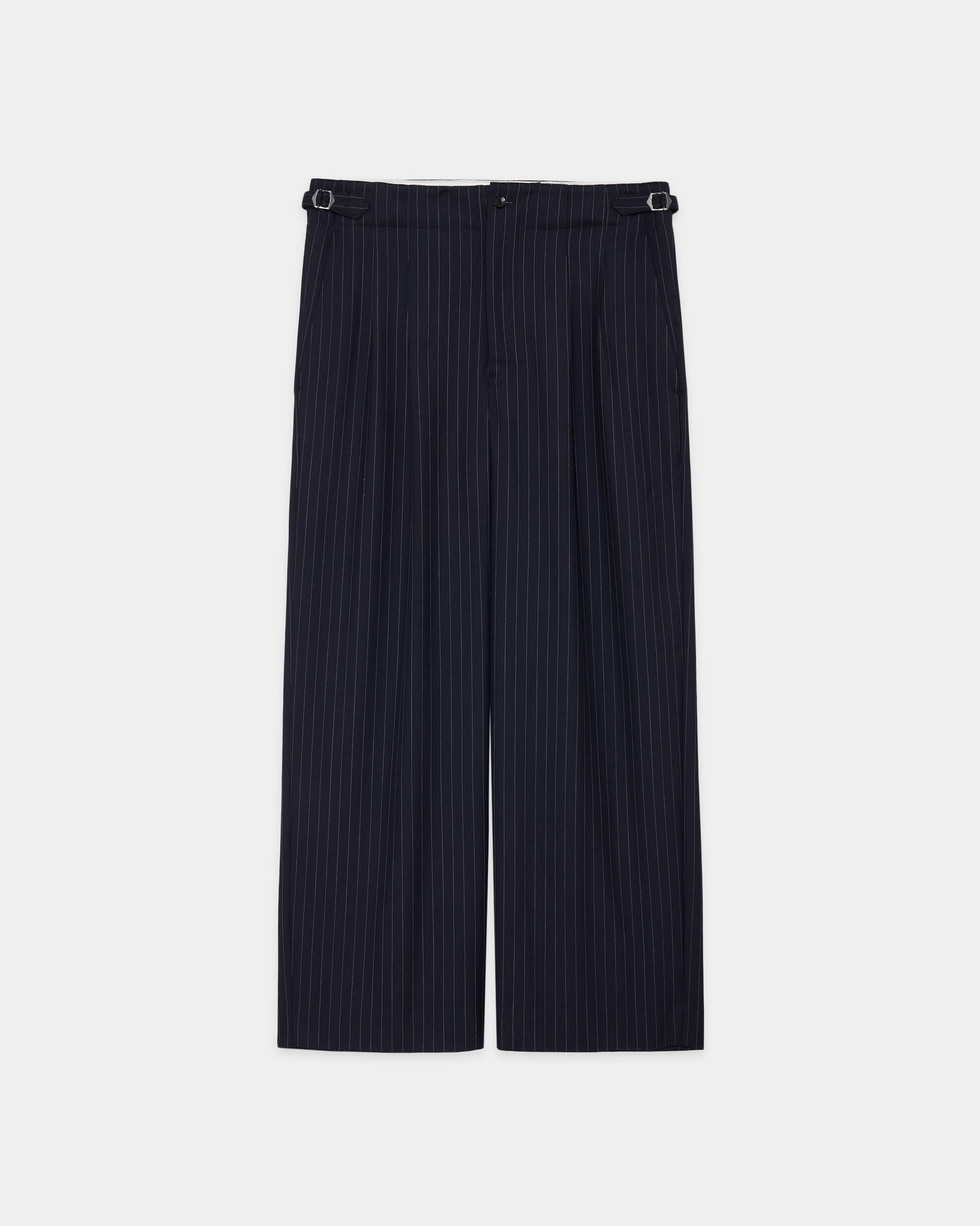 リサイクルポリエステル ノンミュールジングウールギャバジン / 2タックミリタリートラウザーズ, Navy Stripe