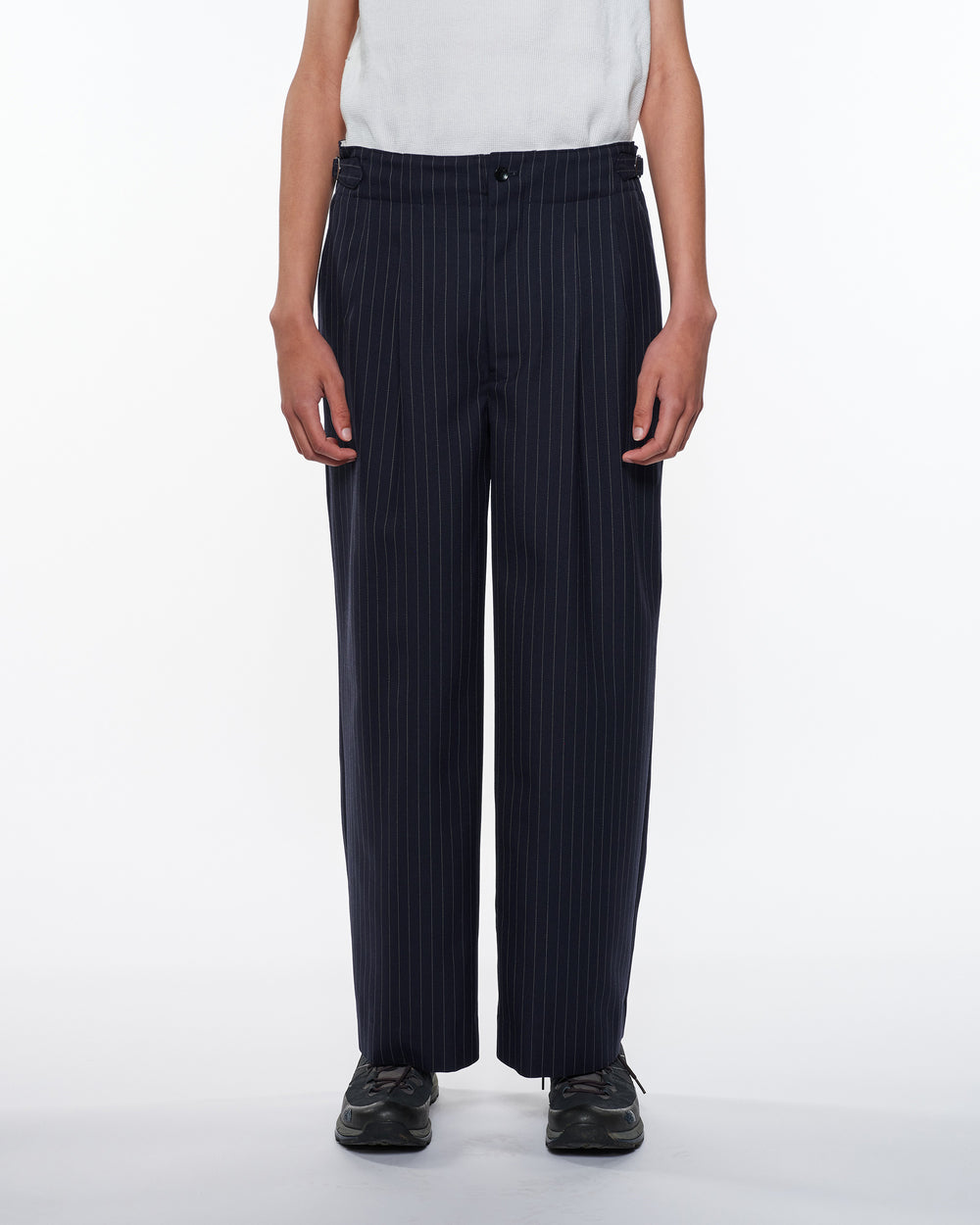 RECYCLED POLYESTER NON-MULESED WOOL GABARDINE TWO TUCK MILITARY TROUSERS, Navy Stripe