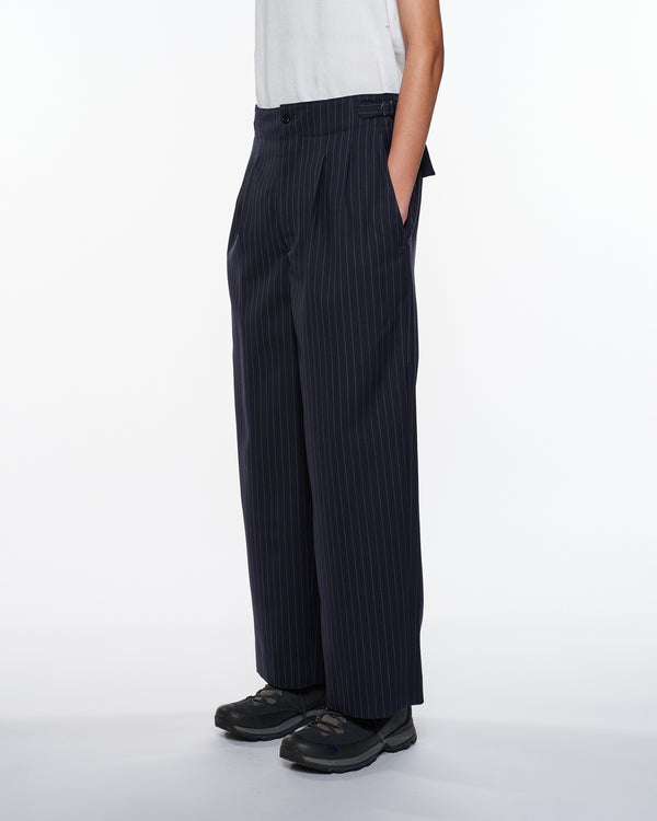 RECYCLED POLYESTER NON-MULESED WOOL GABARDINE TWO TUCK MILITARY TROUSERS, Navy Stripe