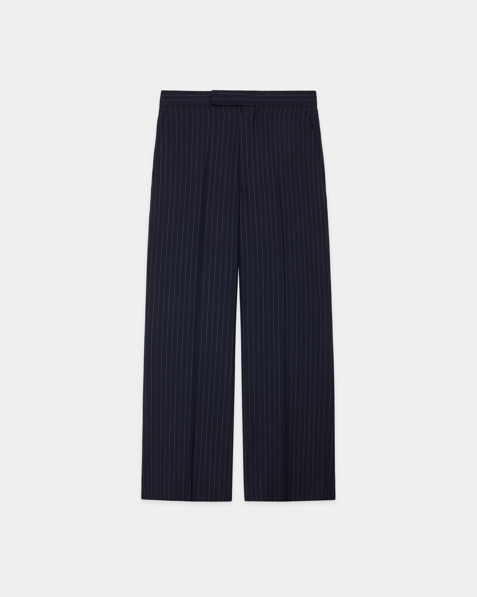 リサイクルポリエステル ノンミュールジングウールギャバジン / レギュラーストレートトラウザーズ, Navy Stripe
