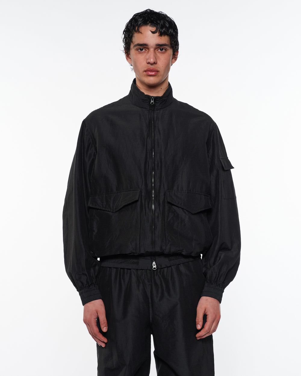 Wool Silk High Count Typewriter Flight Jacket, Chambray Black