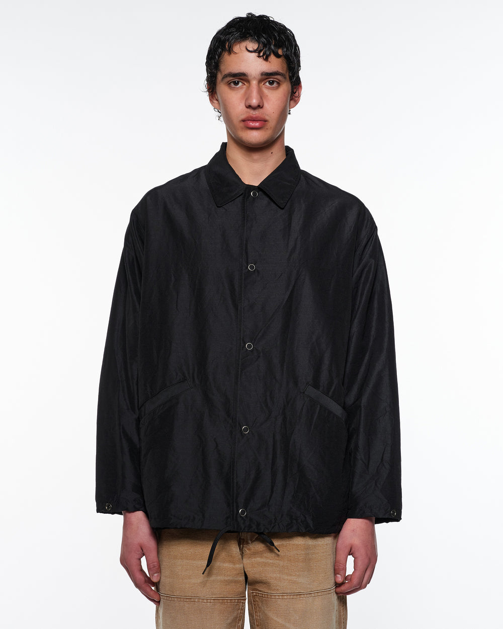 Wool Silk High Count Typewriter Coach Jacket, Chambray Black