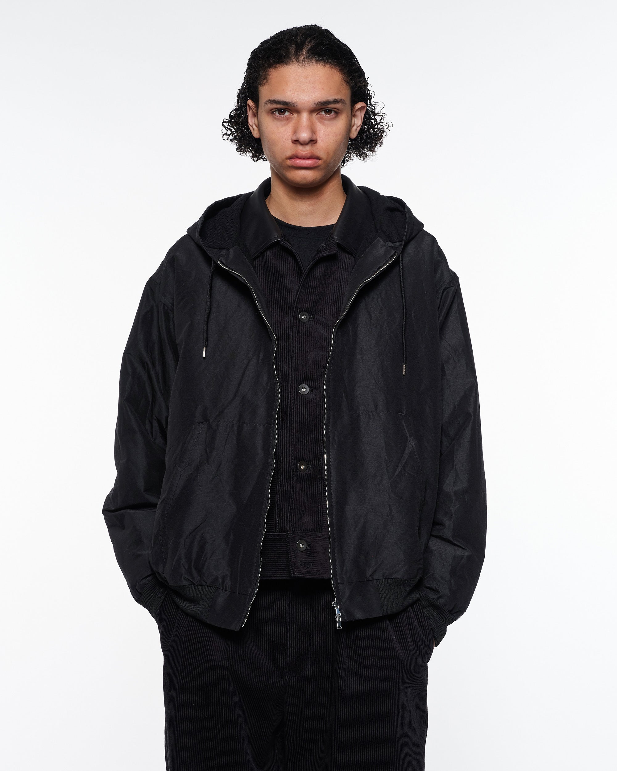 Wool Silk High Count Typewriter Workers Parka, Chambray Black