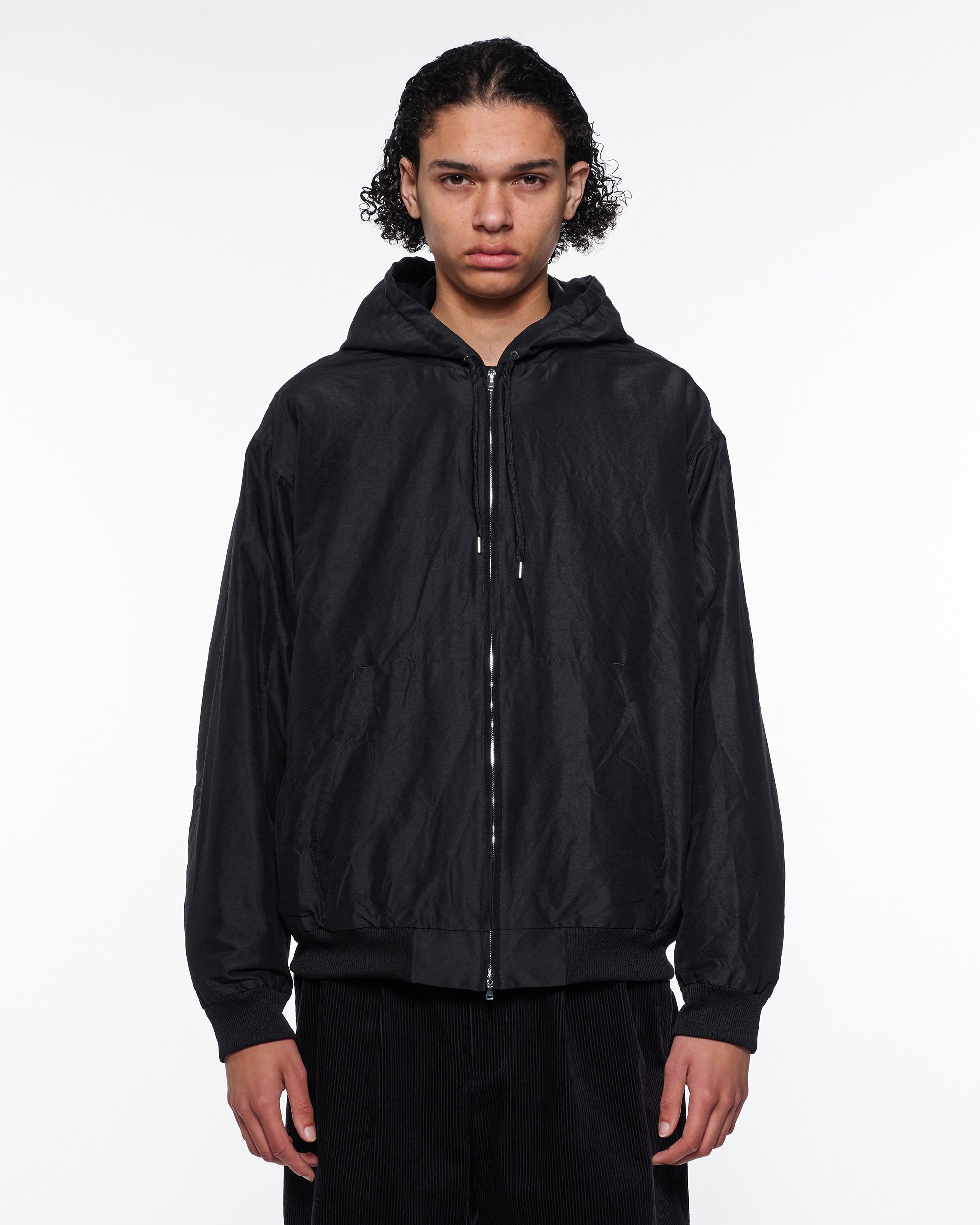 Wool Silk High Count Typewriter Workers Parka, Chambray Black