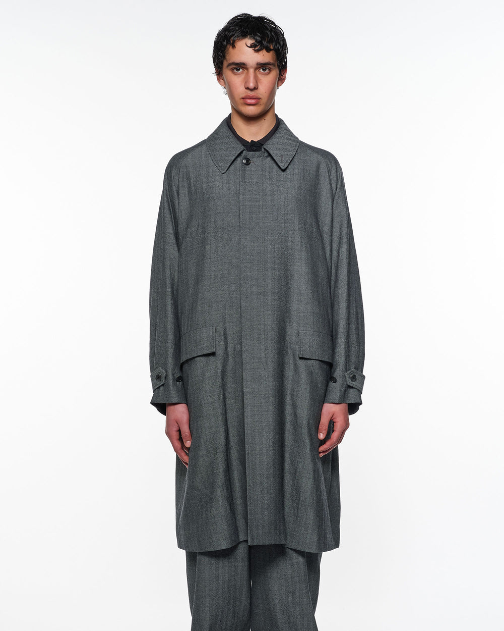 Tumbled Wool Serge Raglan Sleeve Coat, Herringbone