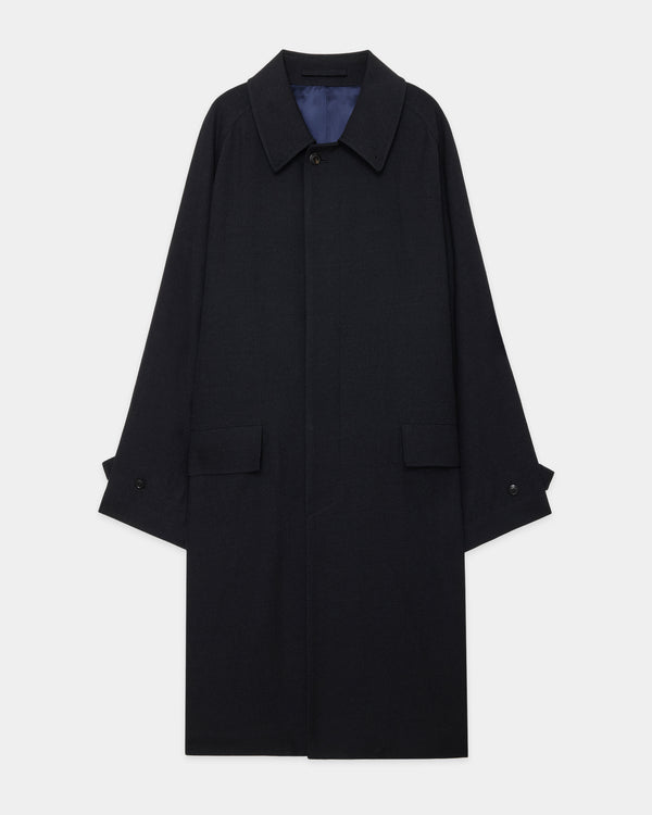 Tumbled Wool Serge Raglan Sleeve Coat, Chambray Black
