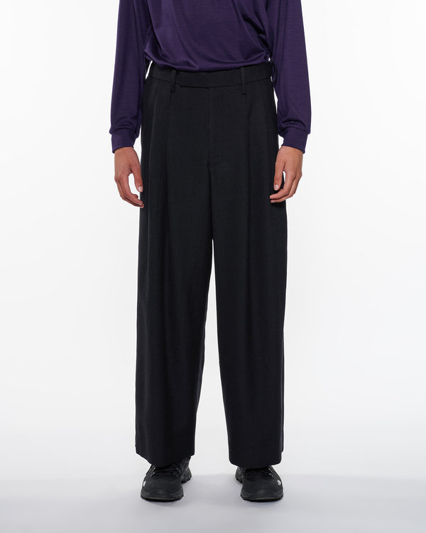 Tumbled Wool Serge Two Tuck Baggy Trousers, Chambray Black