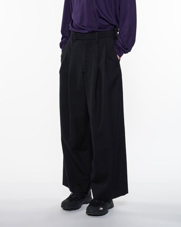 Tumbled Wool Serge Two Tuck Baggy Trousers, Chambray Black