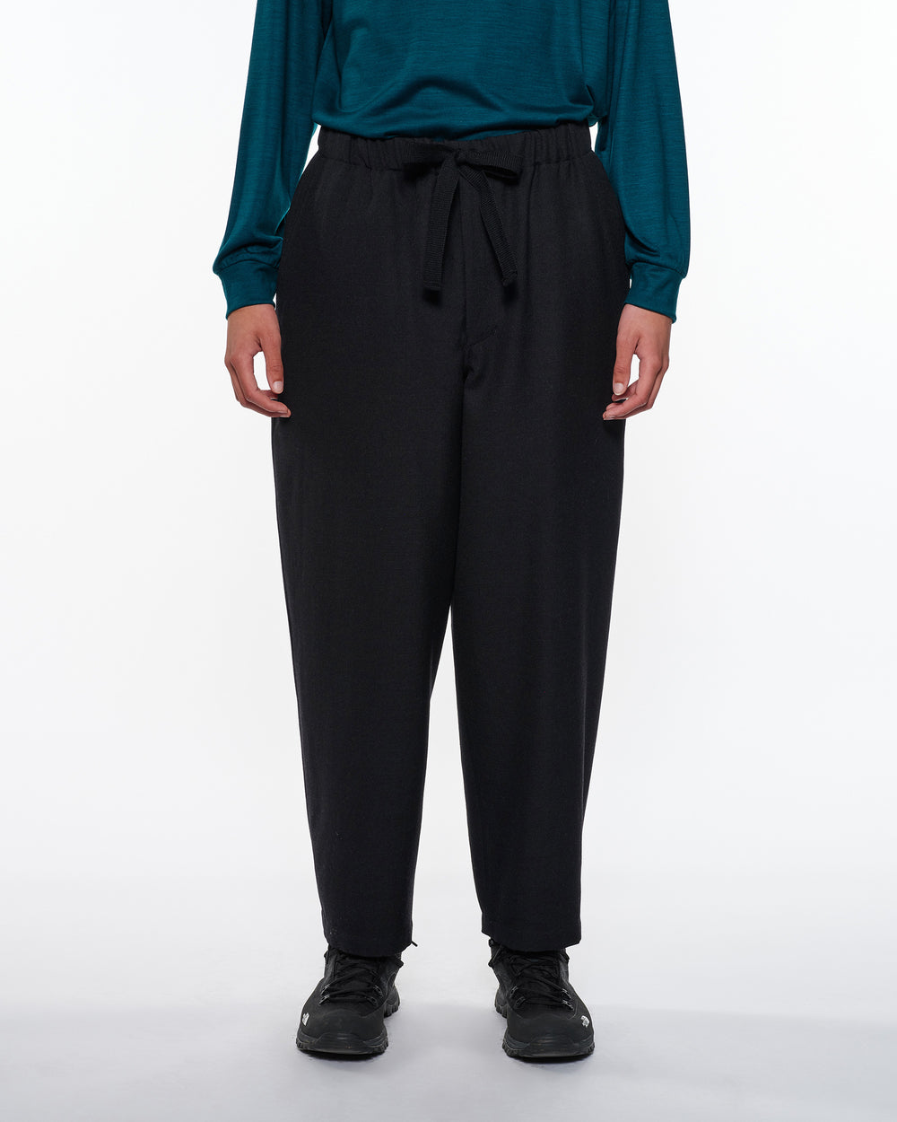 Tumbled Wool Serge Cocoon Wide Easy Pants, Chambray Black