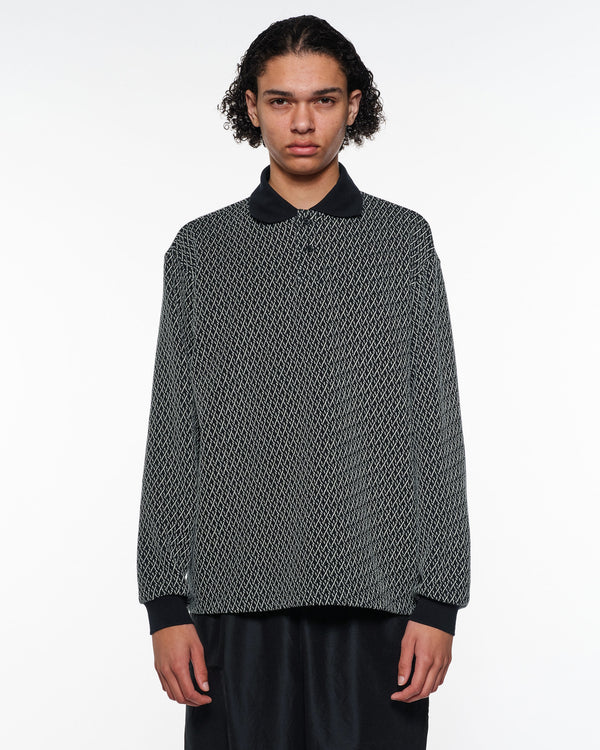 Organic Cotton Geometric Jacquard Two Button Polo L/S Tee, Black × Ivory
