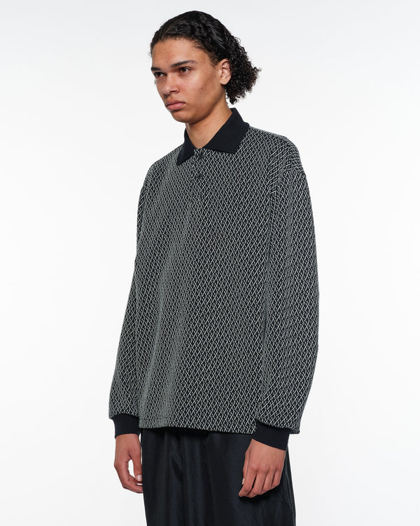 Organic Cotton Geometric Jacquard Two Button Polo L/S Tee, Black × Ivory