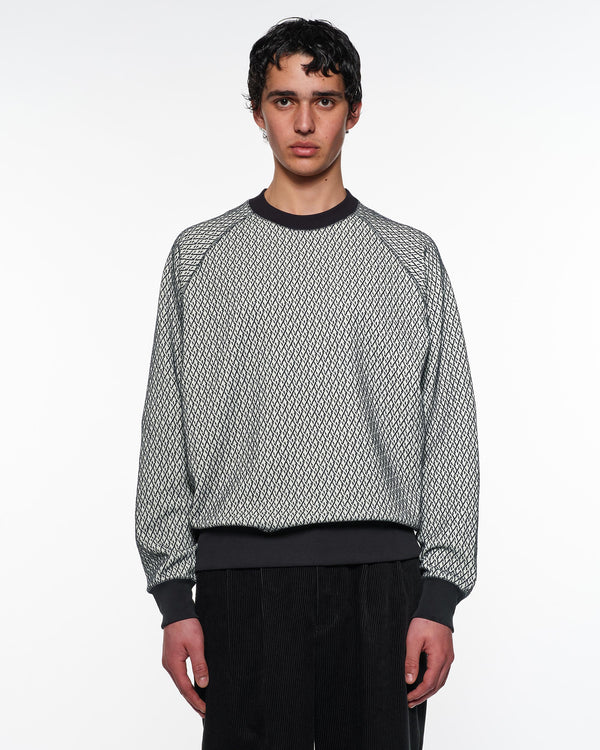 Organic Cotton Geometric Jacquard Raglan Crew Neck, Ivory × Navy