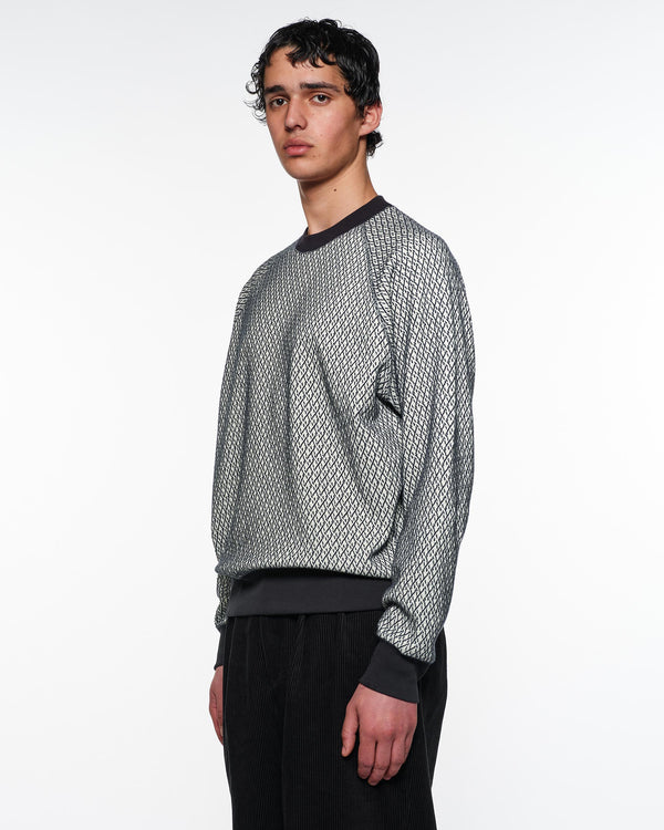 Organic Cotton Geometric Jacquard Raglan Crew Neck, Ivory × Navy
