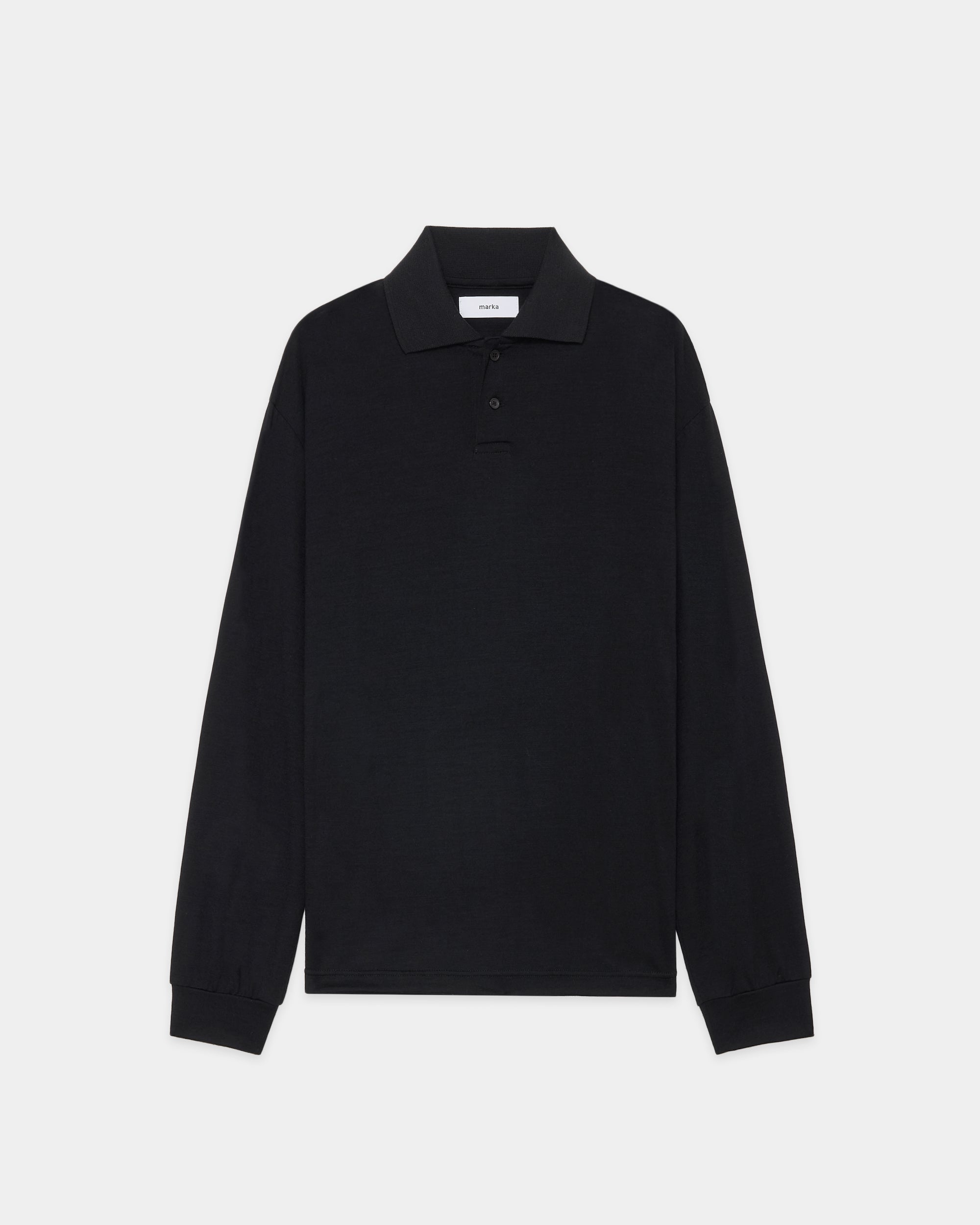 ウォッシャブルウール天竺 / 2ボタンポロL/S Tee, Black