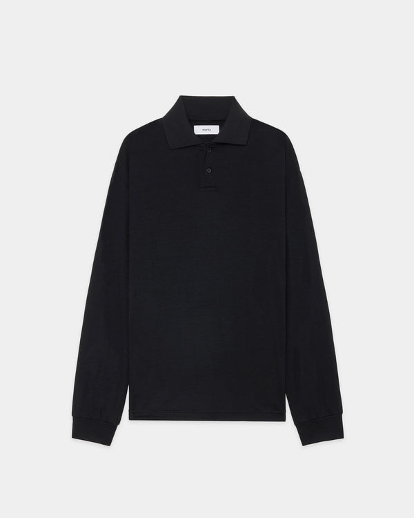 2/72 Wool Single Jersey Washable Two Button Polo L/S Tee, Black