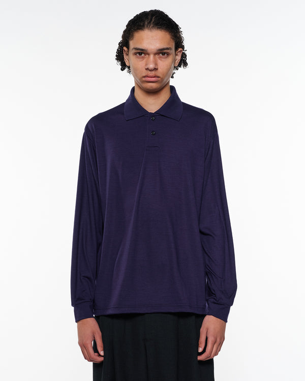 2/72 Wool Single Jersey Washable Two Button Polo L/S Tee, Dark Purple