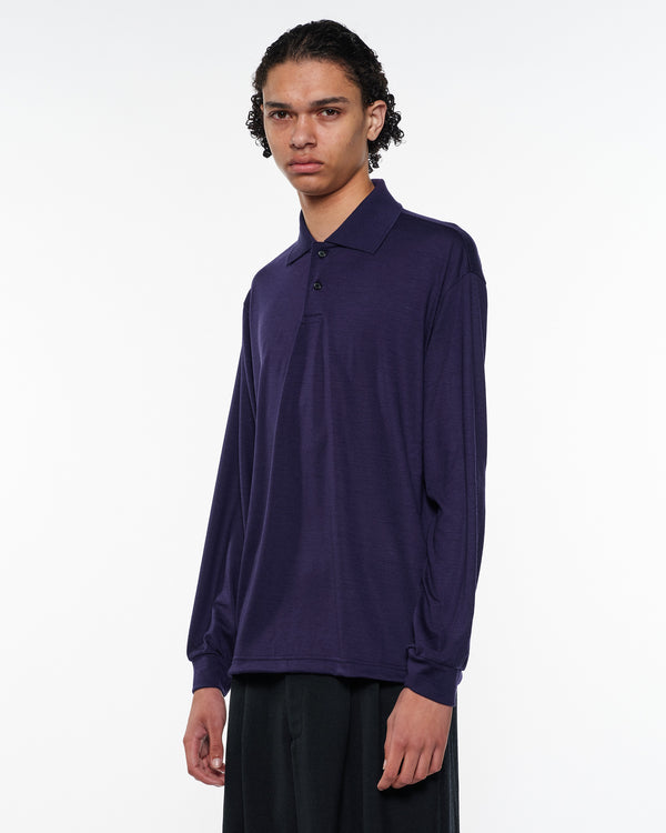 2/72 Wool Single Jersey Washable Two Button Polo L/S Tee, Dark Purple