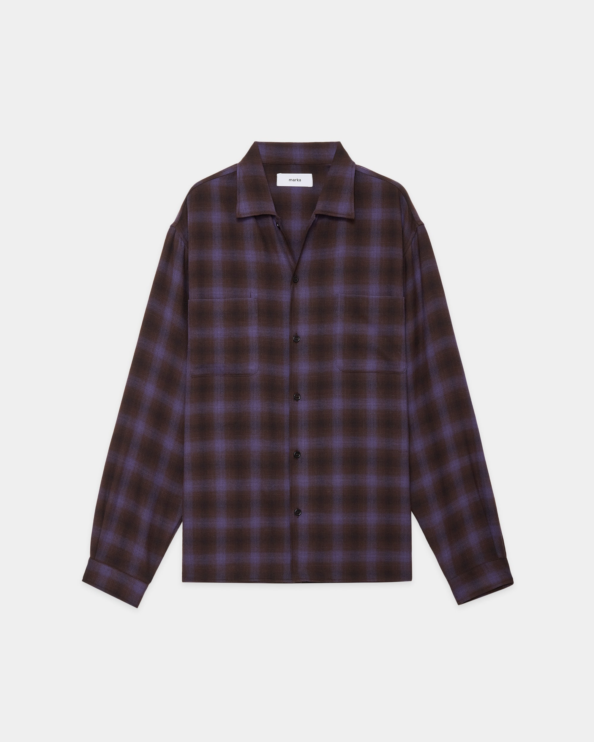 Super 140S 2/96 Wool Viyella Double Pocket Open Collar L/S Shirt, Purple Check