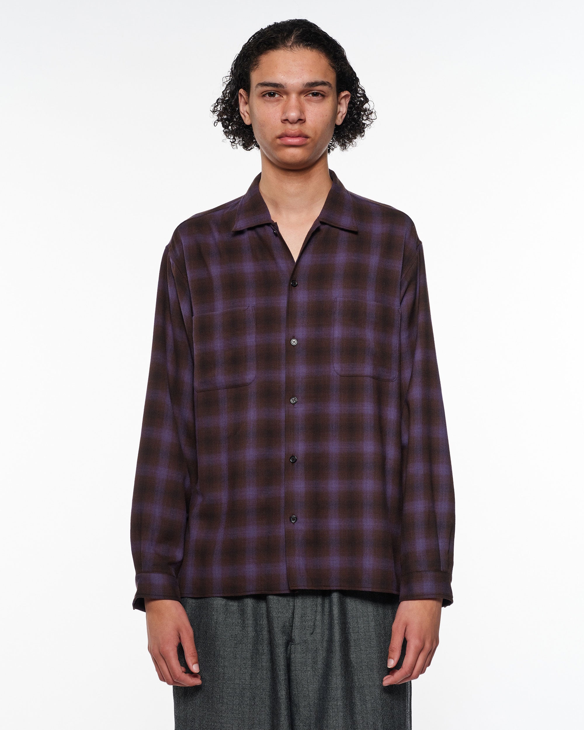 Super 140S 2/96 Wool Viyella Double Pocket Open Collar L/S Shirt, Purple Check