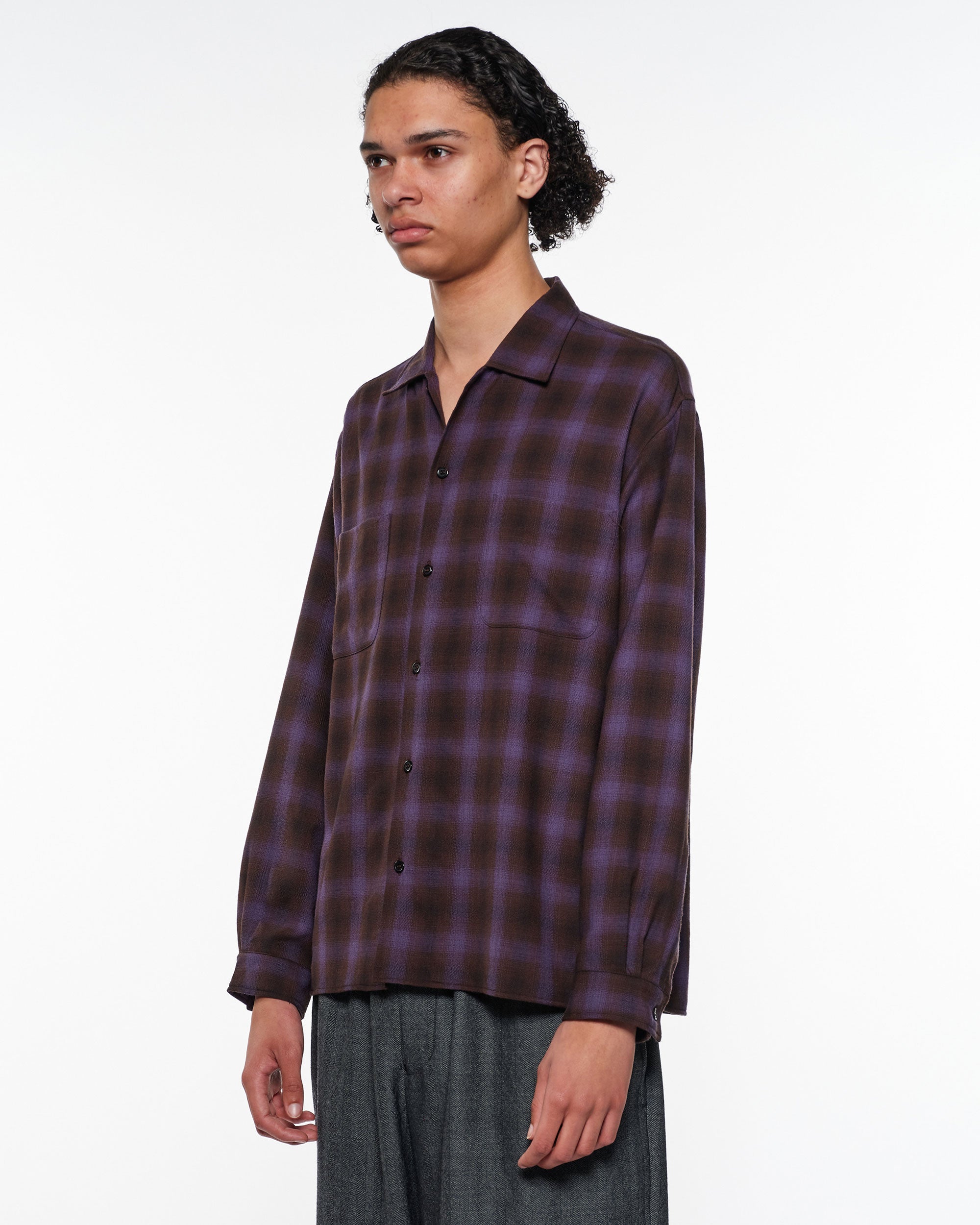 Super 140S 2/96 Wool Viyella Double Pocket Open Collar L/S Shirt, Purple Check