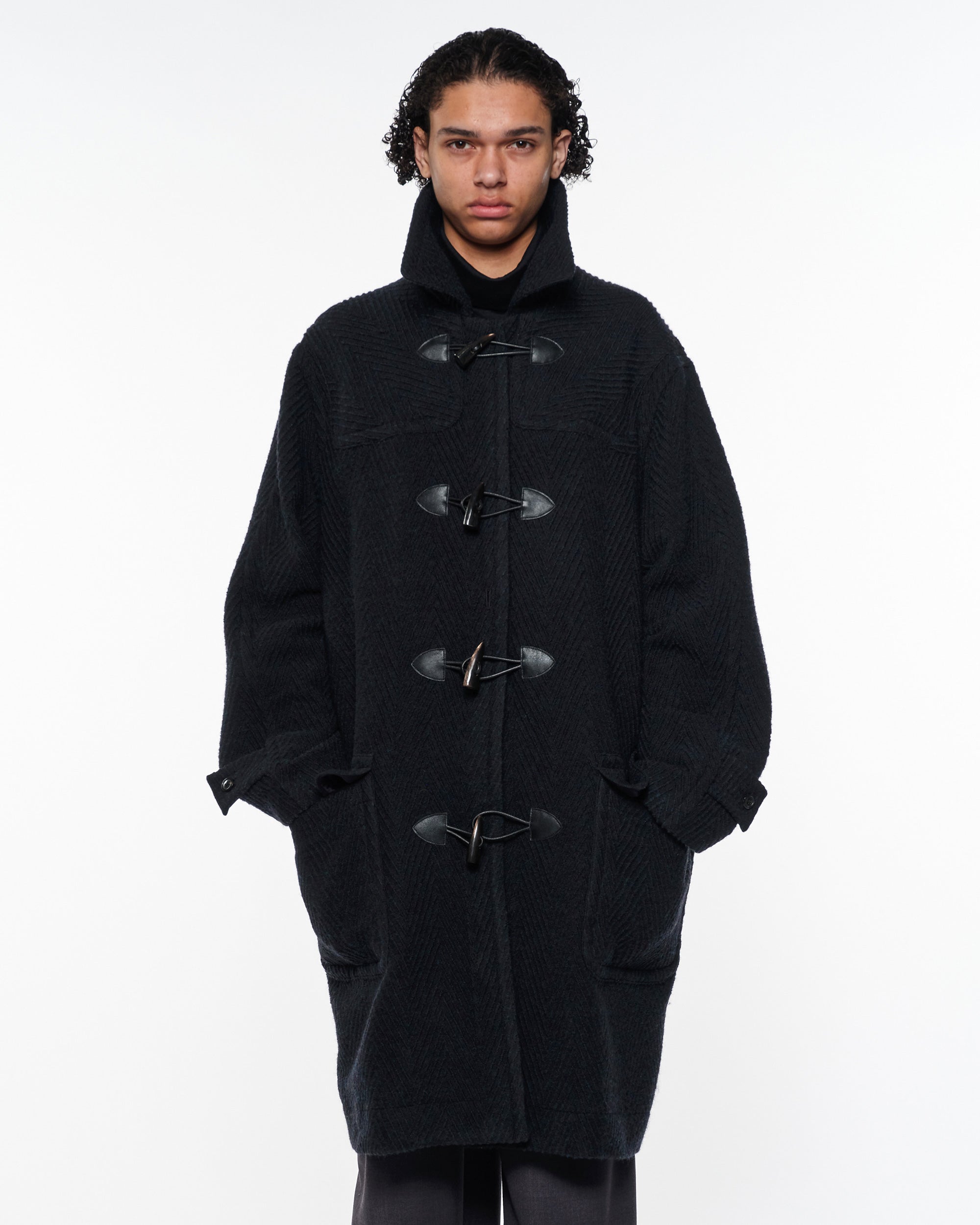 シェトランドウールオーガニックコットン ビッグ へリンボン / ダッフルコート, Top Black