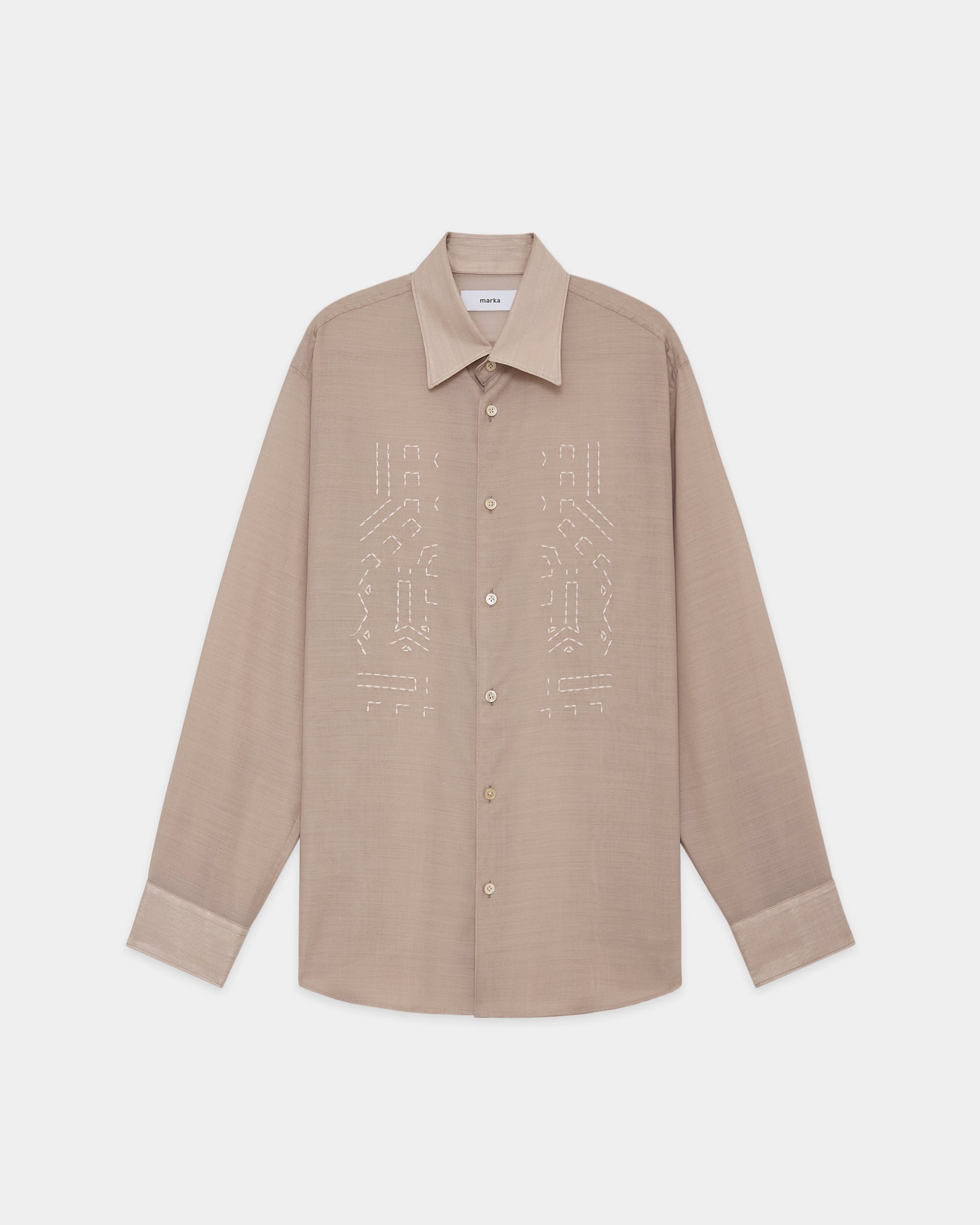 Wool×Recycle Polyester Tropical Embroidery Regular Collar Shirt, Beige