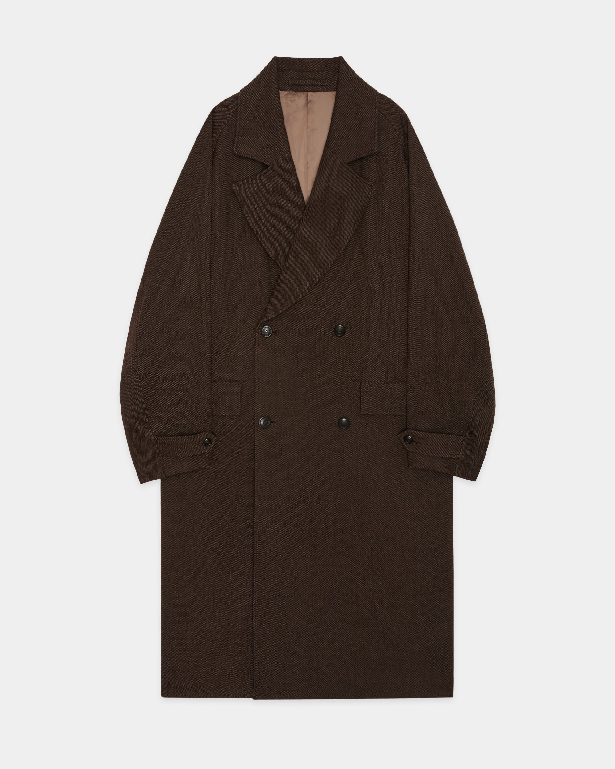 Tumbled Wool Serge Great Coat, Brown Bird’s-Eye