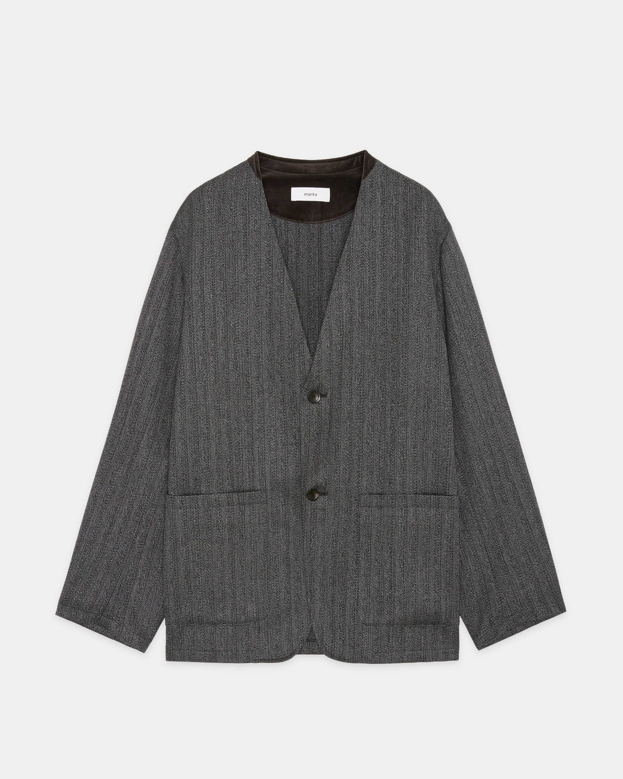 Organic Wool Twisted Melange Herringbone / Lapelless Jacket, Gray