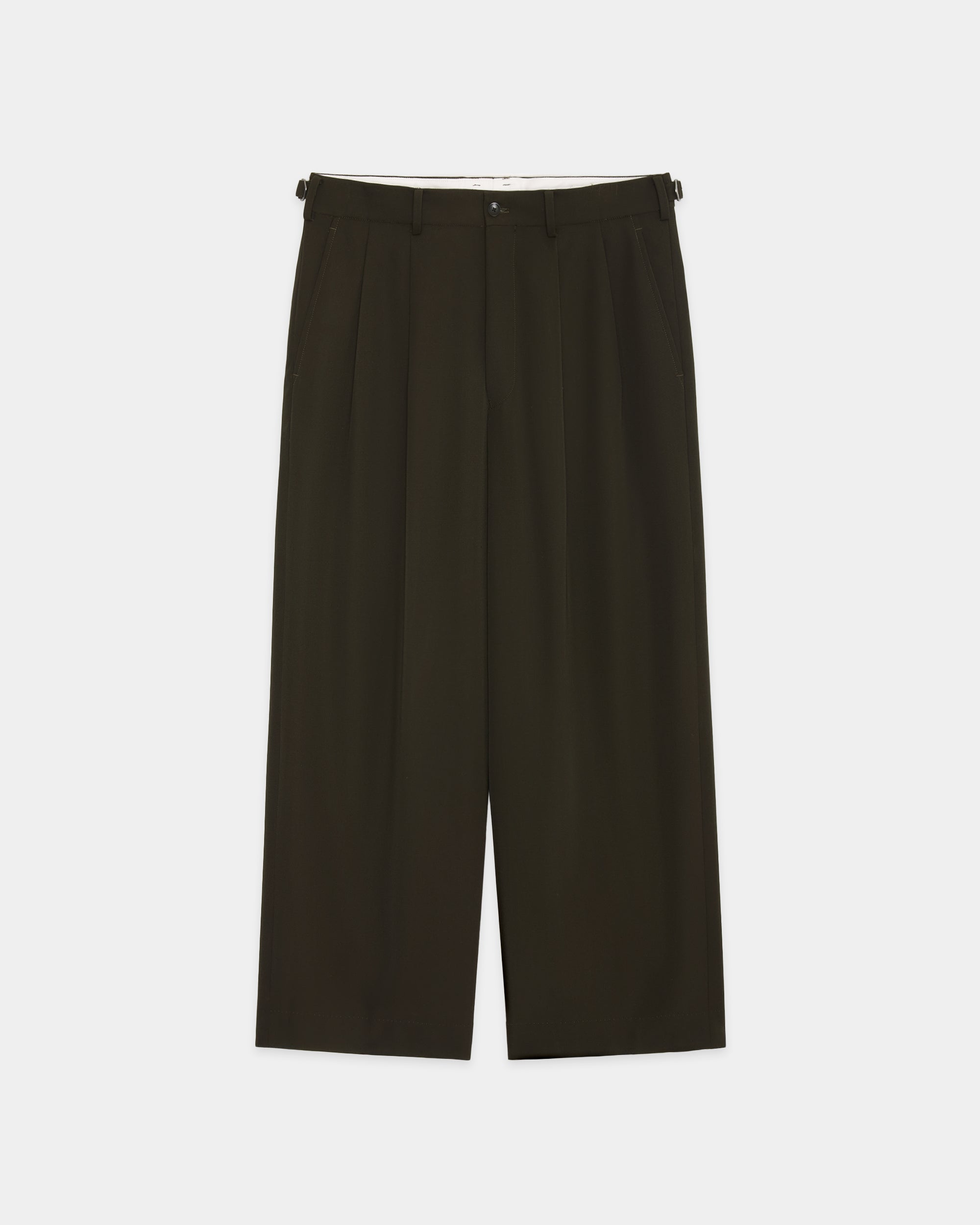 Wool Gabardine Washer Tumbler / Double Pleated Wide Trousers, Dark Olive