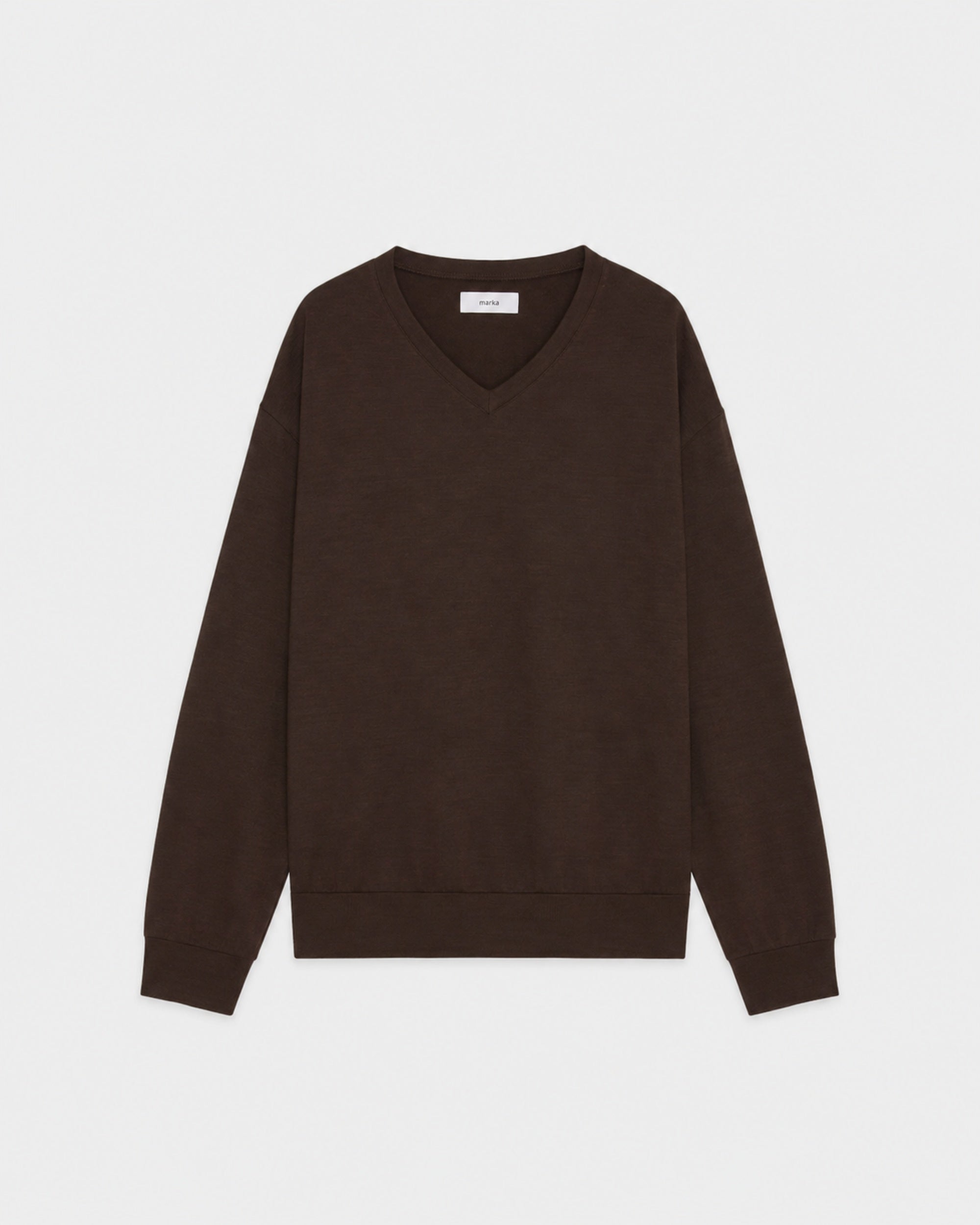 【PARKING Exclusive】Super 100s Washable Wool Jersey / V-Neck L/S Tee,  Dark Brown